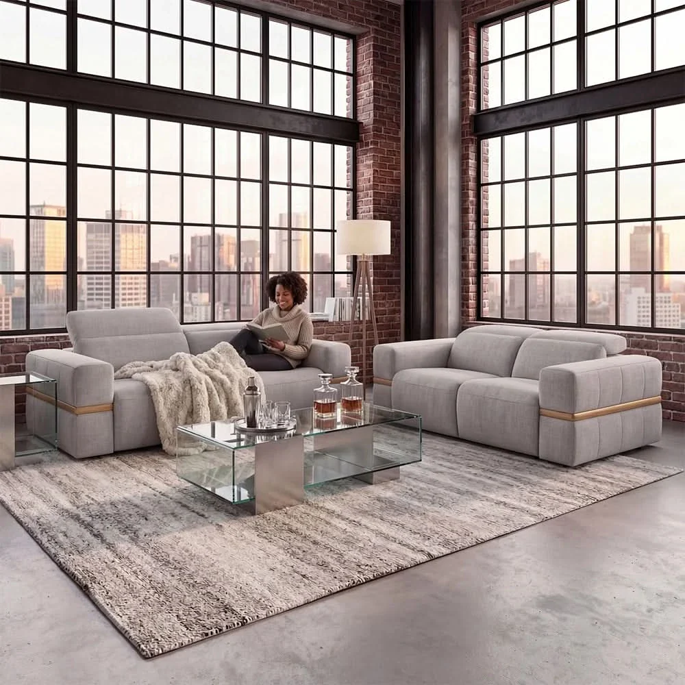 Newark Grey Contemporary Power Reclining Sofa & Loveseat with Track Arms