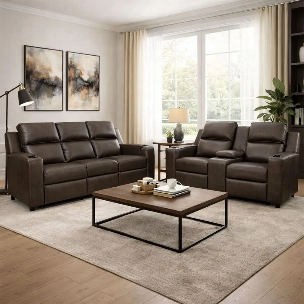Noah Brown Contemporary Manual Reclining Living Room Set with Cup Holders and USB Charging - Image 2