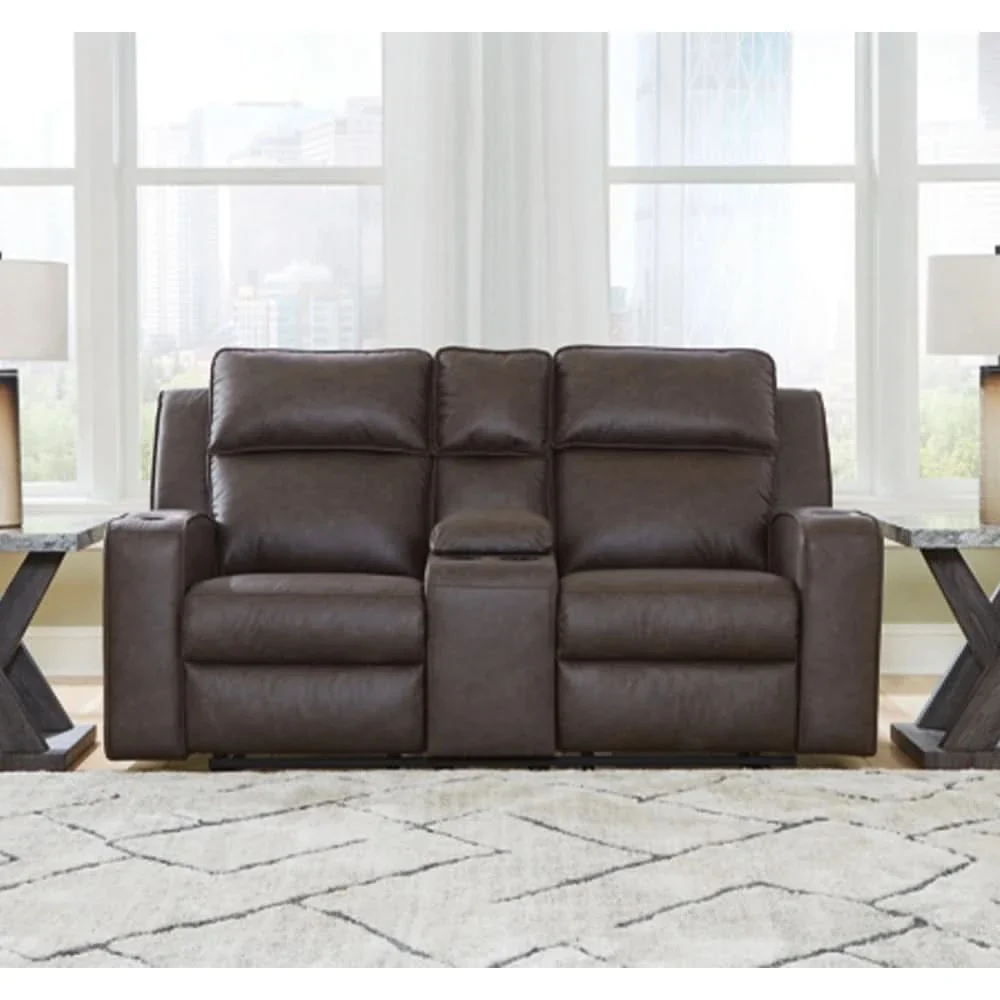 Noah Brown Contemporary Manual Reclining Loveseat with Center Console and Cup Holders