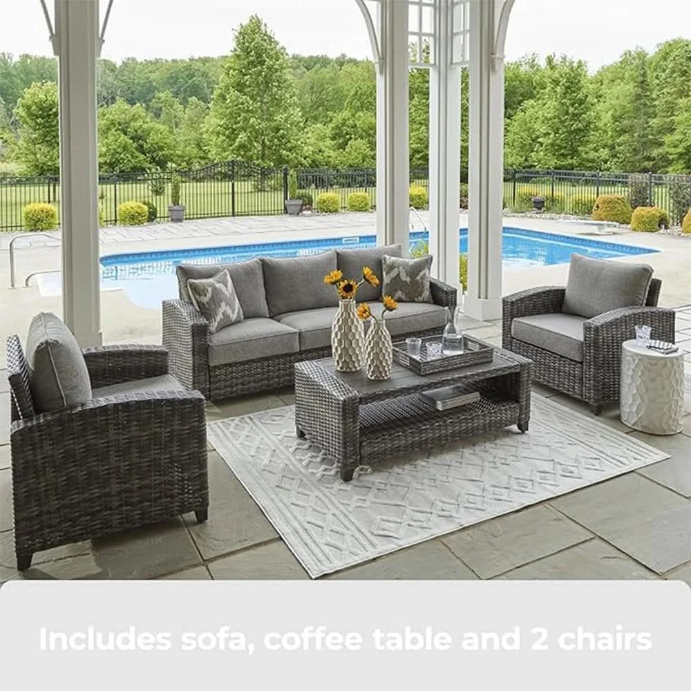 Oasis Court Gray 4PC Outdoor Sofa Set with Cushions and Coffee Table - Image 3