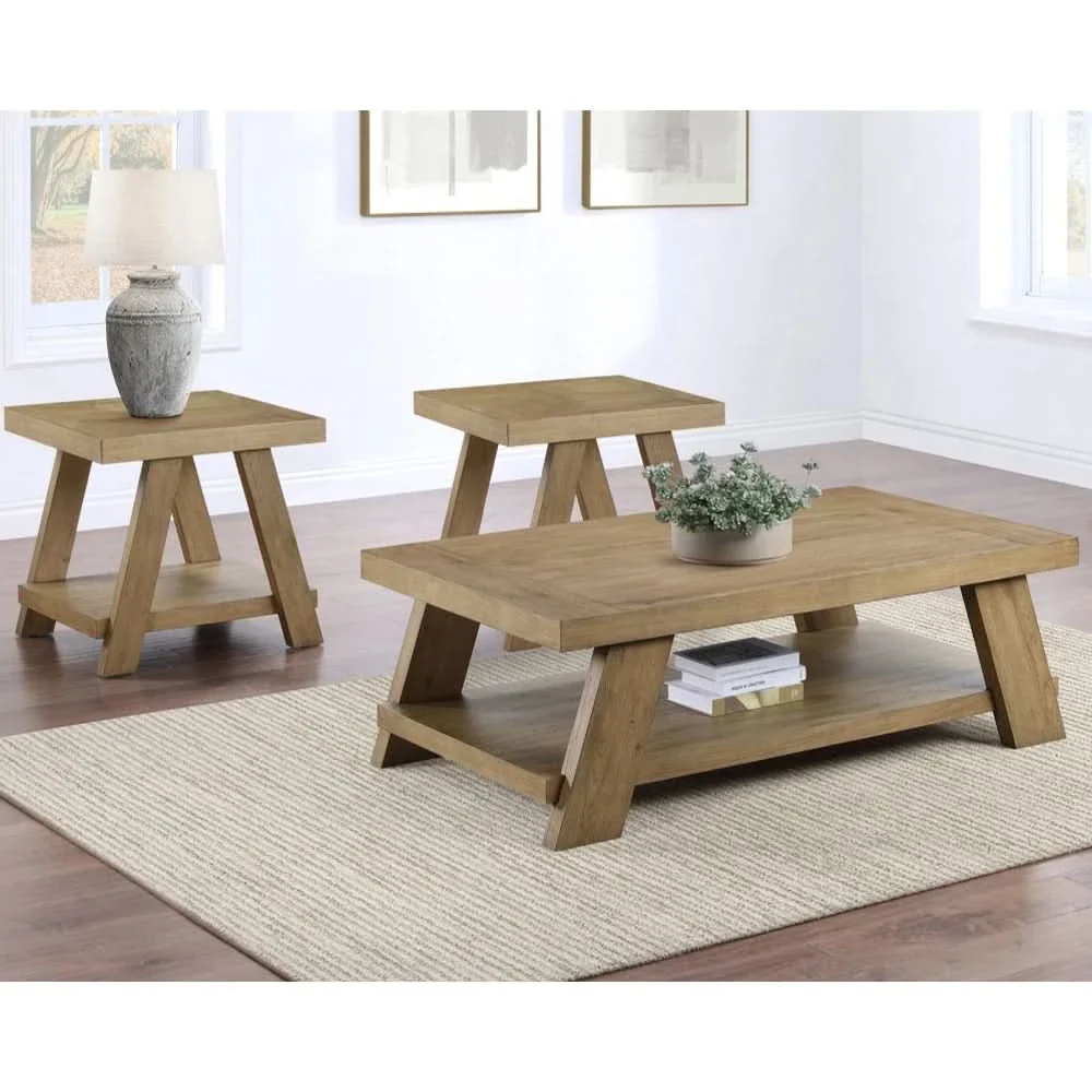 Orinda Caramel 3PC Cocktail Table Set with Storage Shelf and Solid Wood Legs
