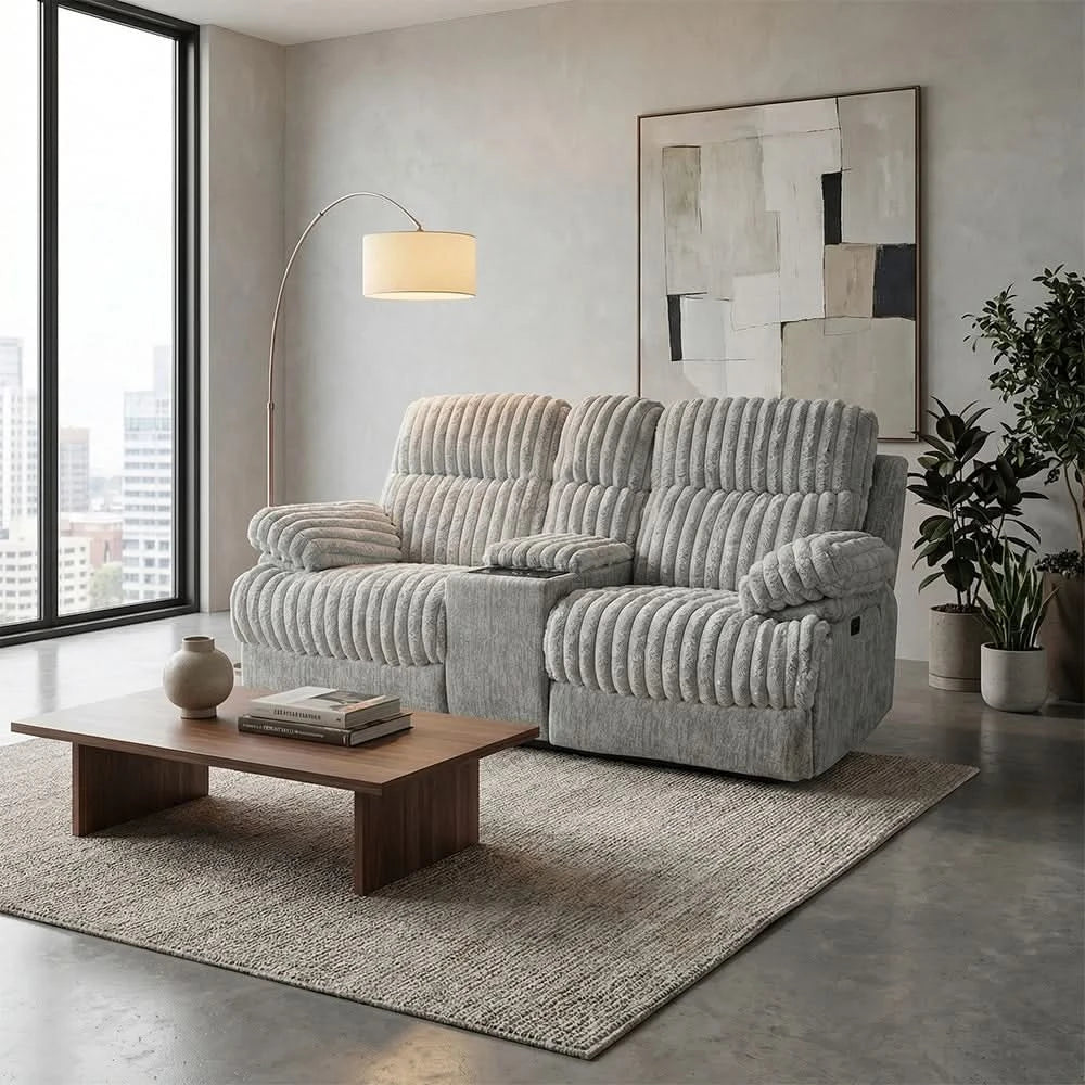 Oyster Mondo Contemporary Power Reclining Loveseat with Channel Tufting and Pillow Top Arms - Image 2