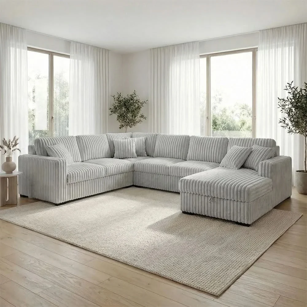 Paris Mist Grey Contemporary 4-Piece Corduroy Sectional with Chaise - Image 2