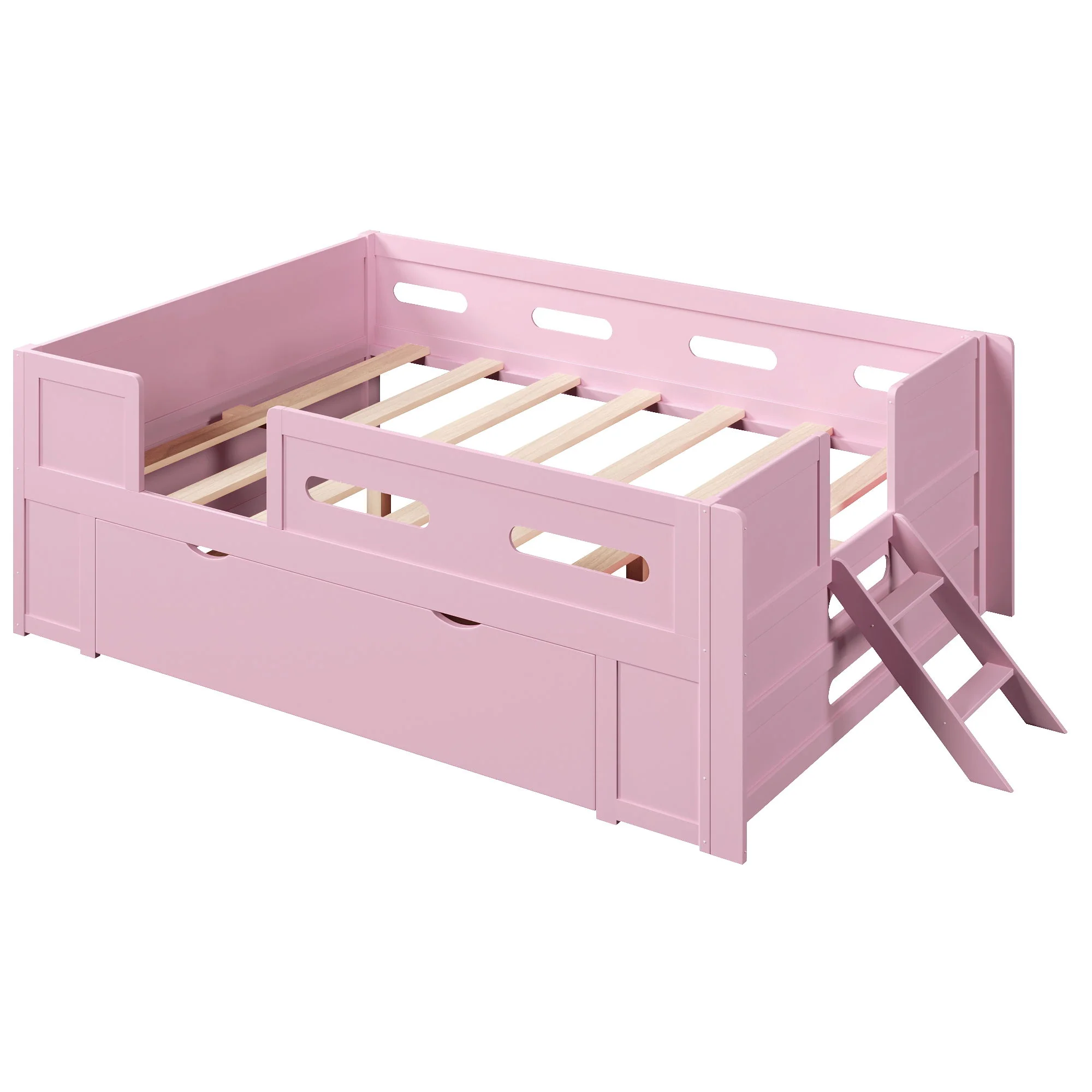 Platform Bed With Guardrail And Drawer