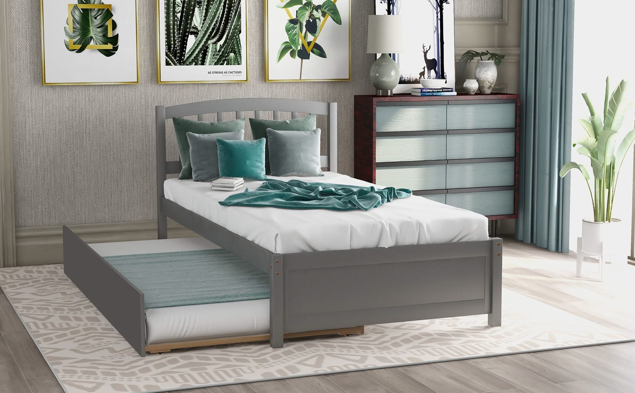 Platform Bed Wood Bed Frame With Trundle - Image 13