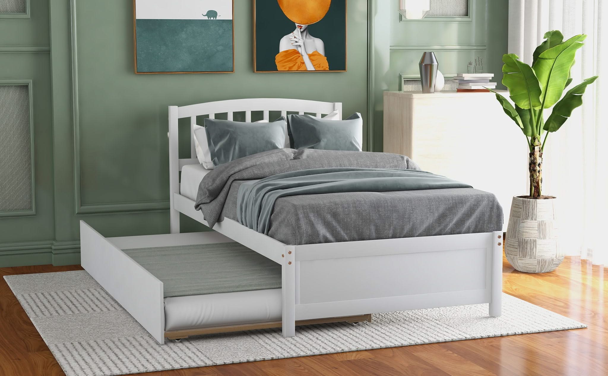 Platform Bed Wood Bed Frame With Trundle - Image 14