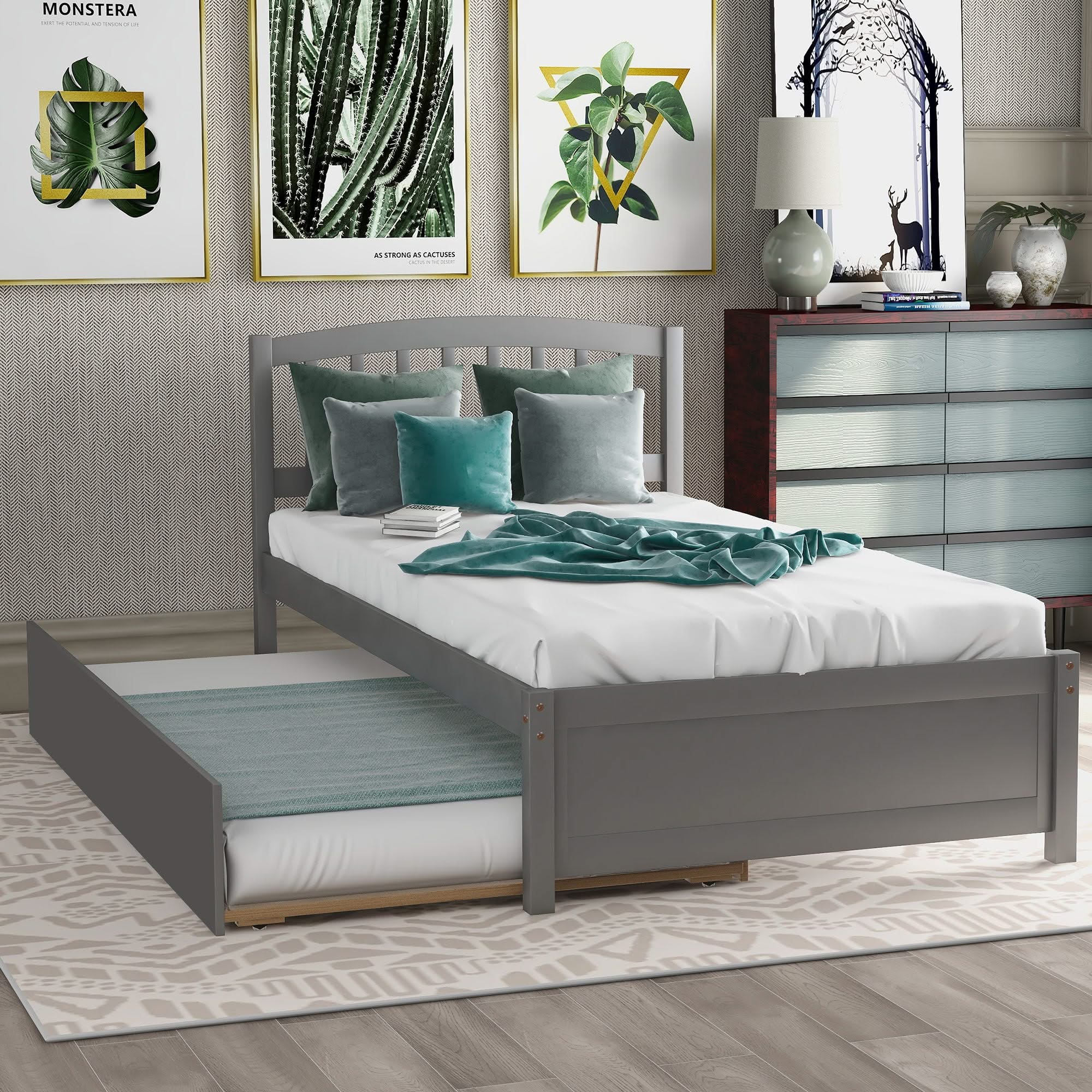 Platform Bed Wood Bed Frame With Trundle - Image 4
