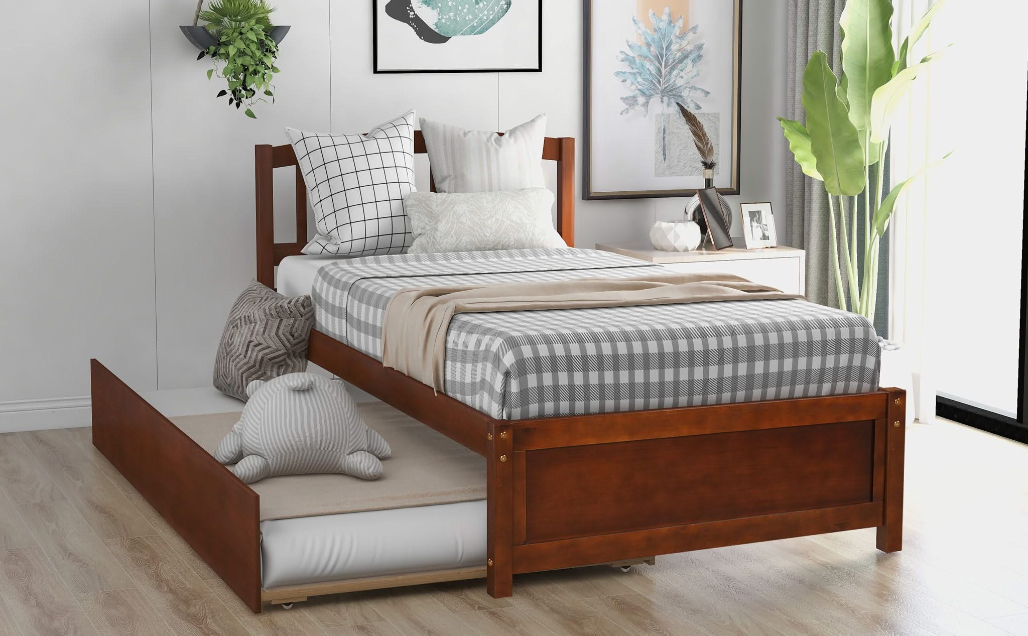Platform Bed Wood Bed Frame With Trundle - Image 8