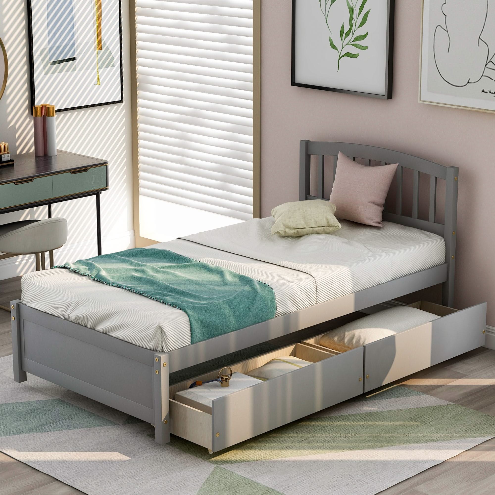 Platform Storage Bed Wood Bed Frame With Two Drawers And Headboard - Image 2