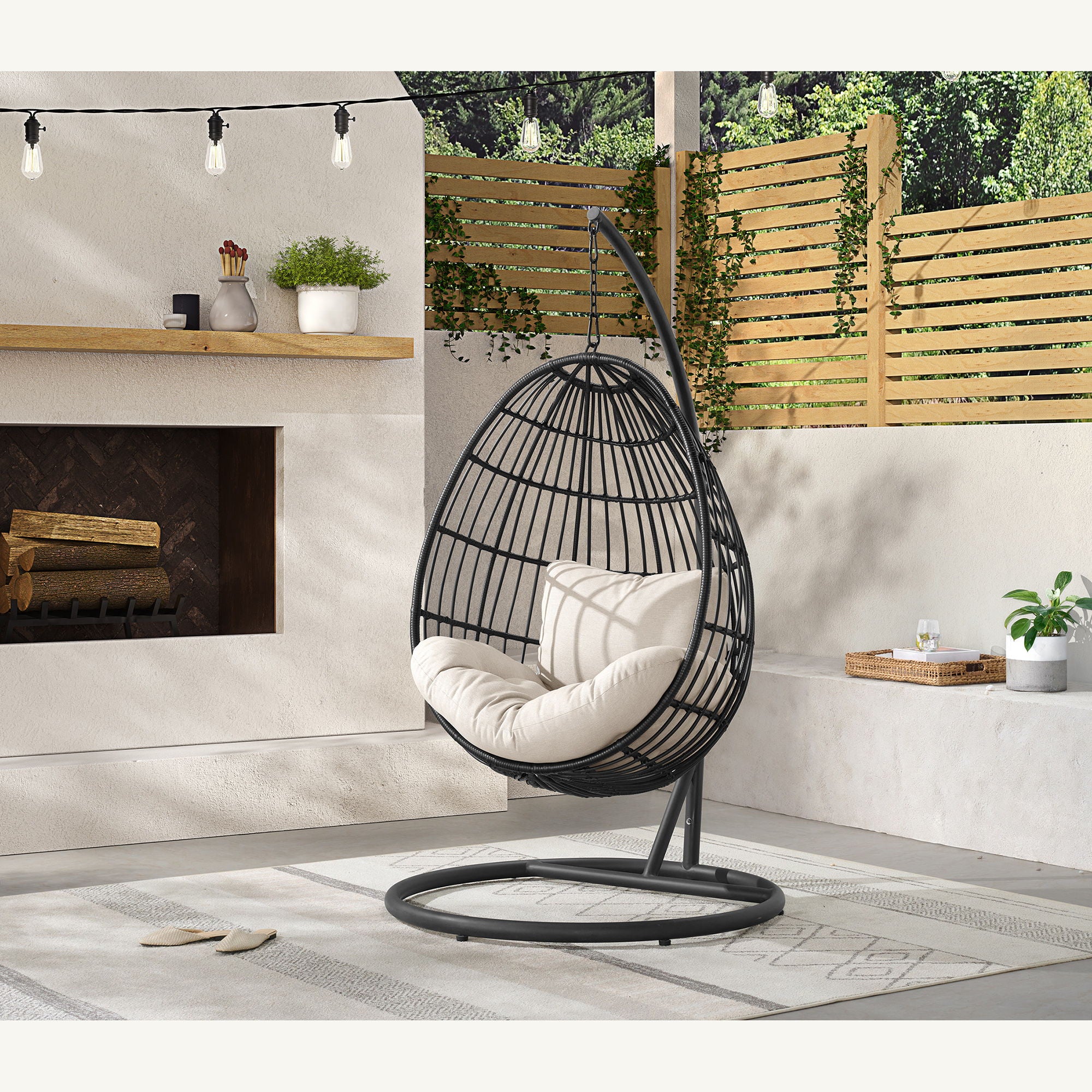 Playa - Swing Egg Chair With Base And Pillar - Dark Gray / Beige - Image 2