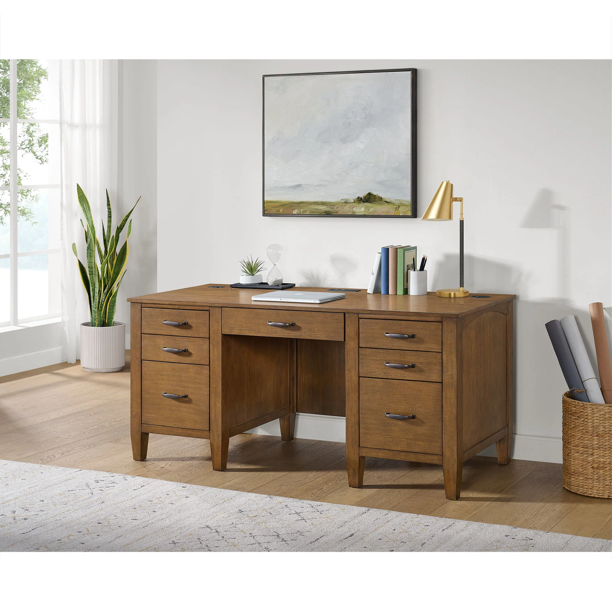Portico - Double Pedestal Desk With Power / USB - Brown Oak - Image 2