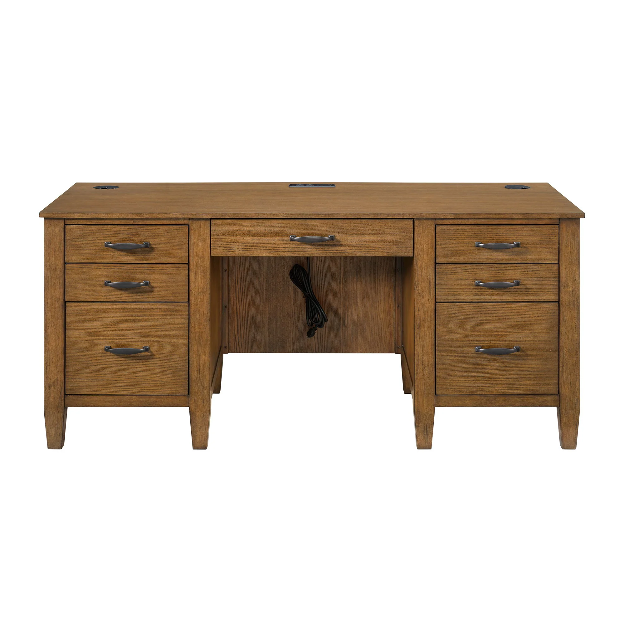 Portico - Double Pedestal Desk With Power / USB - Brown Oak - Image 3