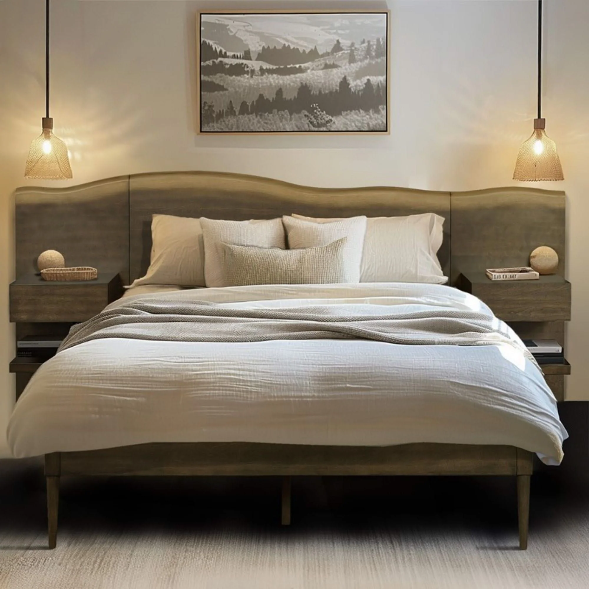 Queen Size Platform Bed Frame With Live Edge Headboard, Built In Nightstands - Dark Brown - Image 2