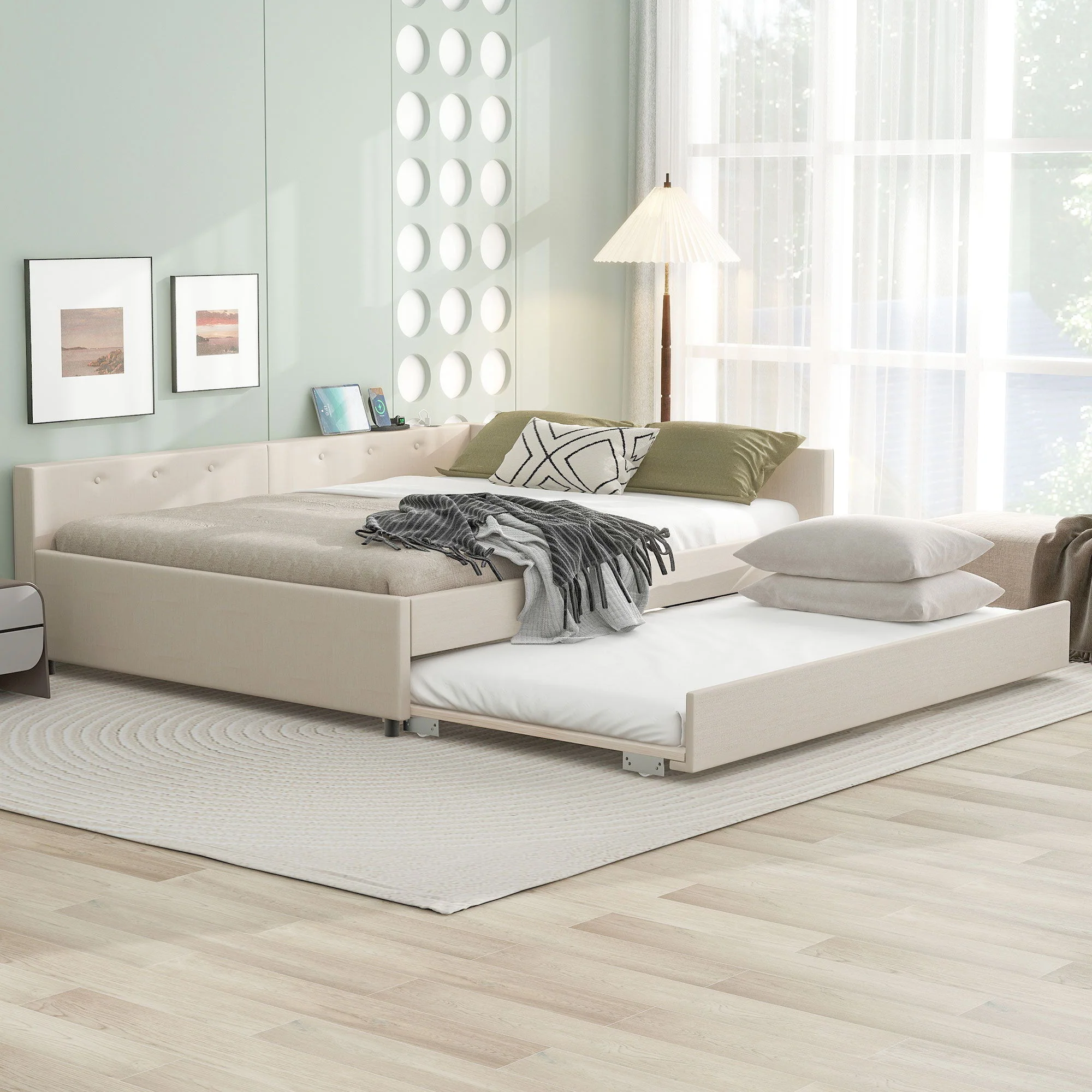 Queen Size Upholstered Platform Bed With USB And Twin Trundle - Beige - Image 2