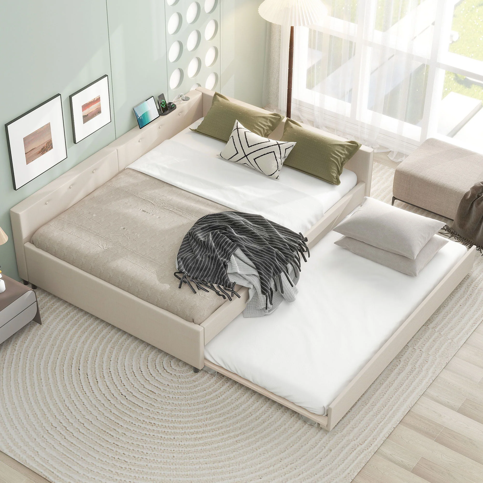 Queen Size Upholstered Platform Bed With USB And Twin Trundle - Beige - Image 3