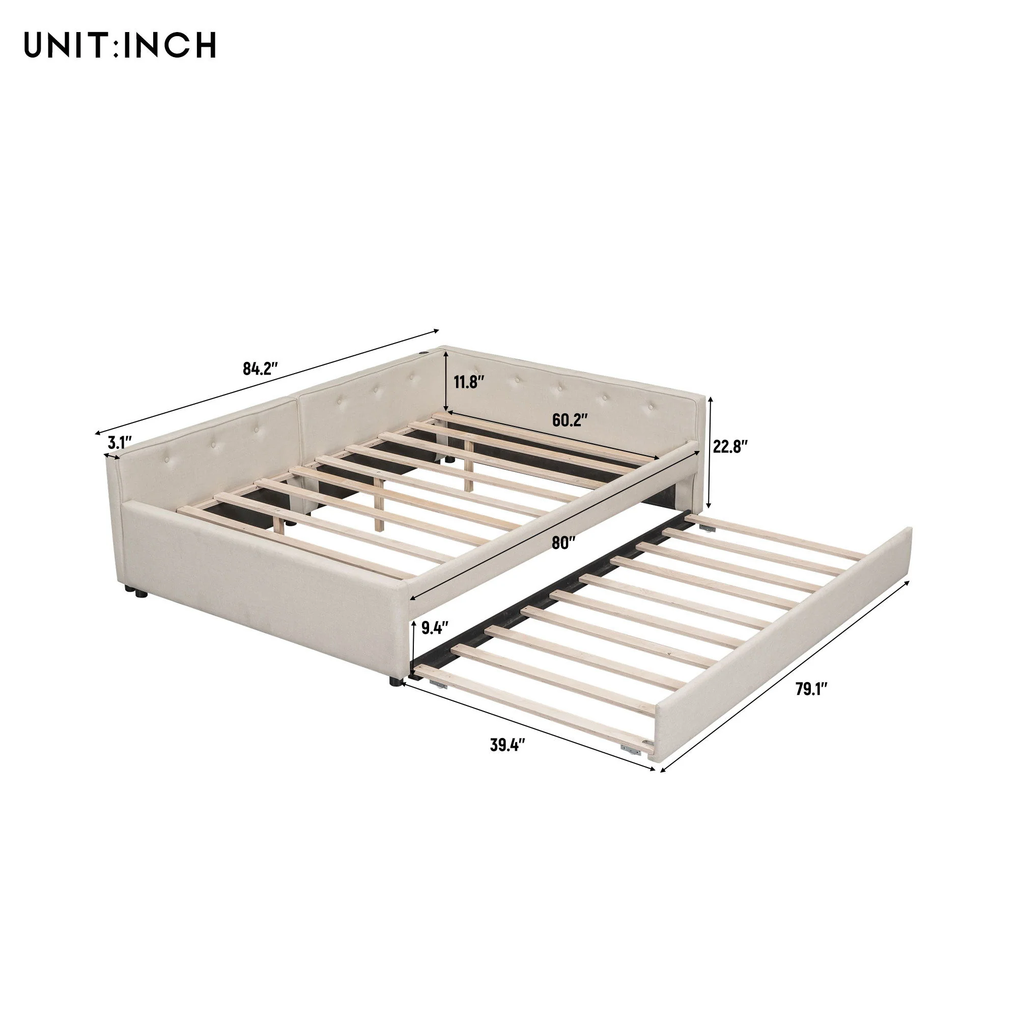 Queen Size Upholstered Platform Bed With USB And Twin Trundle - Beige - Image 4