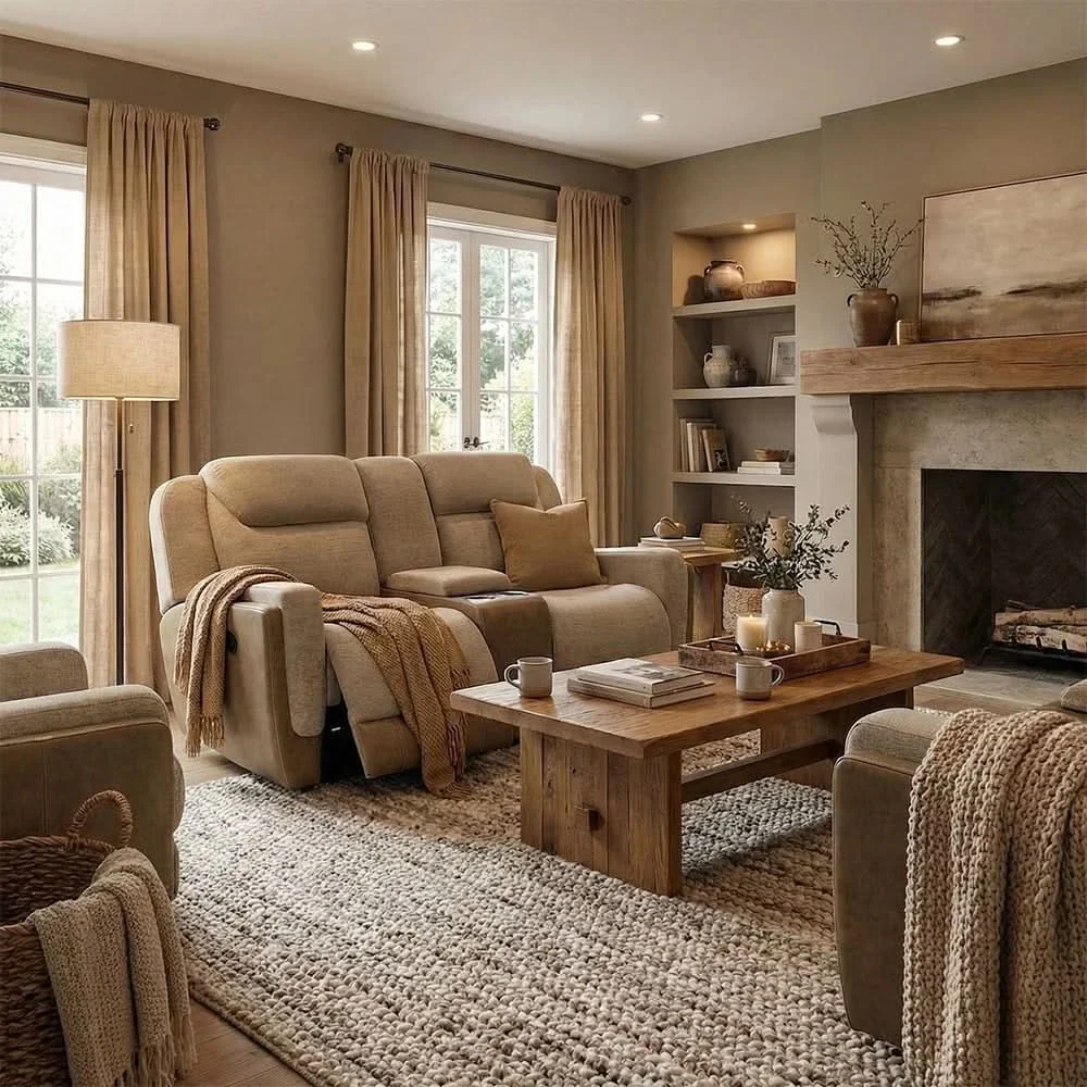 Hornet Beige Contemporary Reclining Loveseat with Console