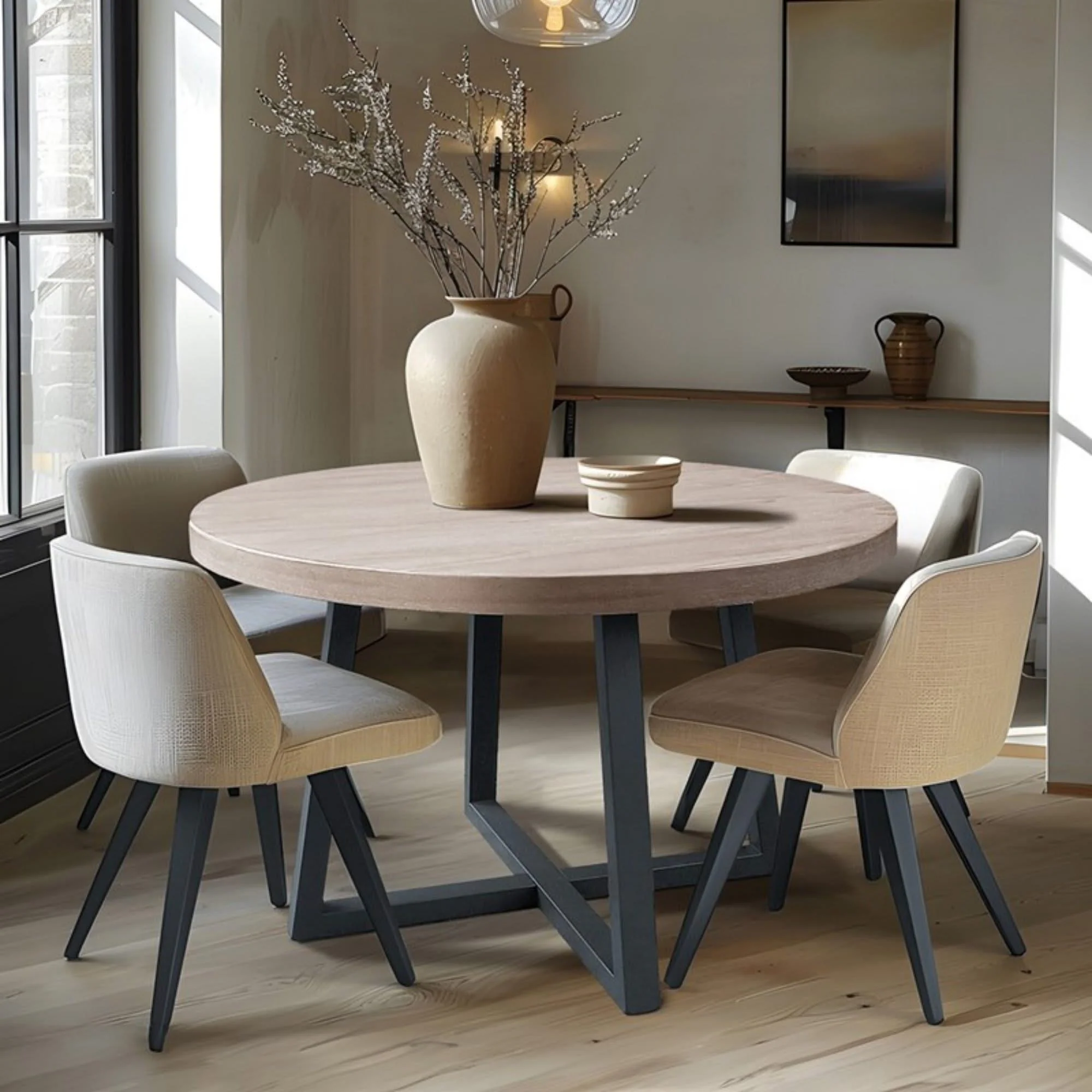 Round Dining Table With Wire Brushed Mindi Top And Mahogany Base - Wheat - Image 2