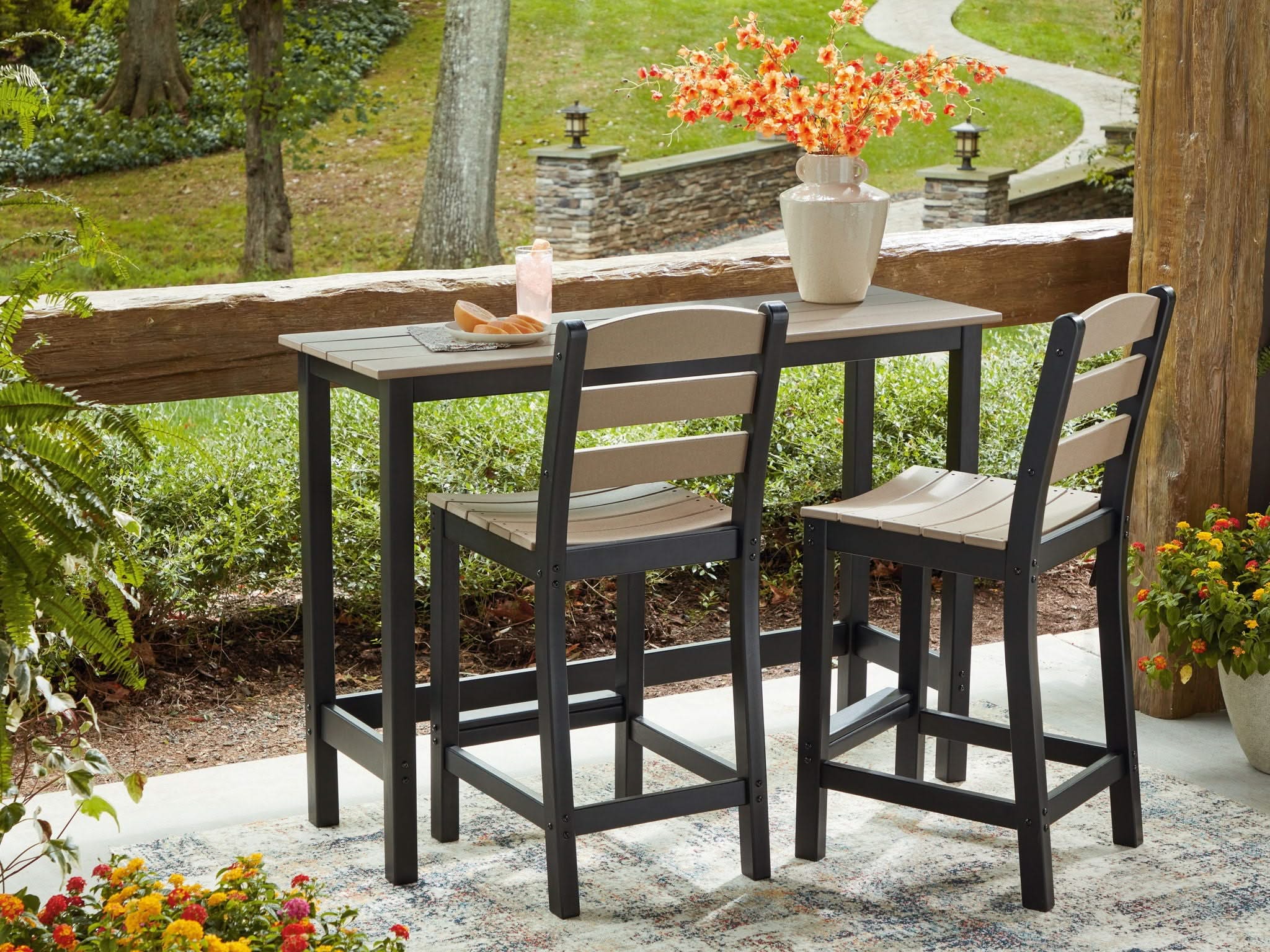 Shoreline Beach - Outdoor Counter Table And 2 Barstools (Set of 3) - Black / Beige - Image 3