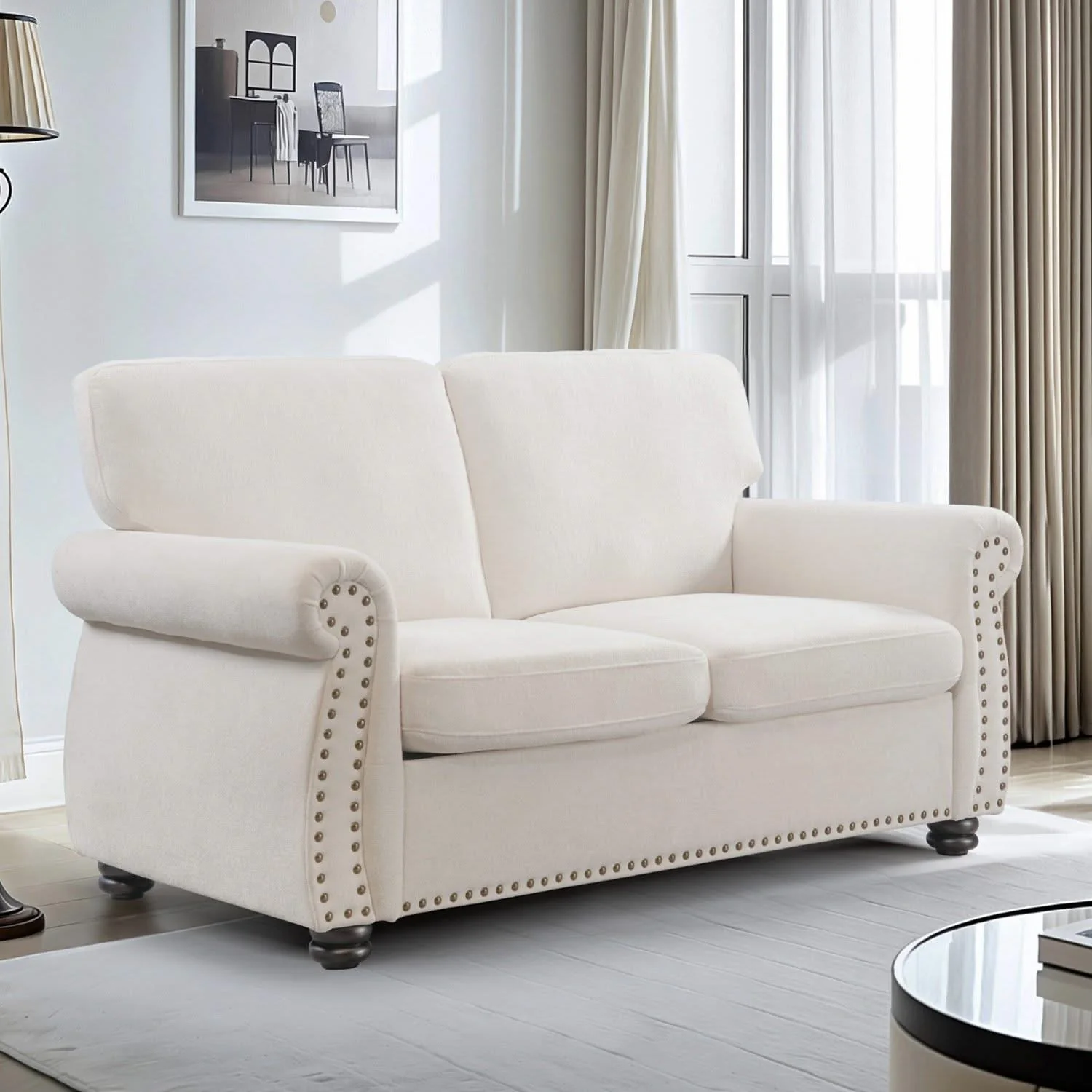 Soft Loveseat, Upholstered 2 Seater Couch, Loose Back Cushions And Turned Legs - Image 7