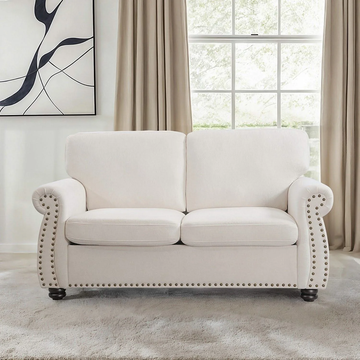 Soft Loveseat, Upholstered 2 Seater Couch, Loose Back Cushions And Turned Legs - Image 9