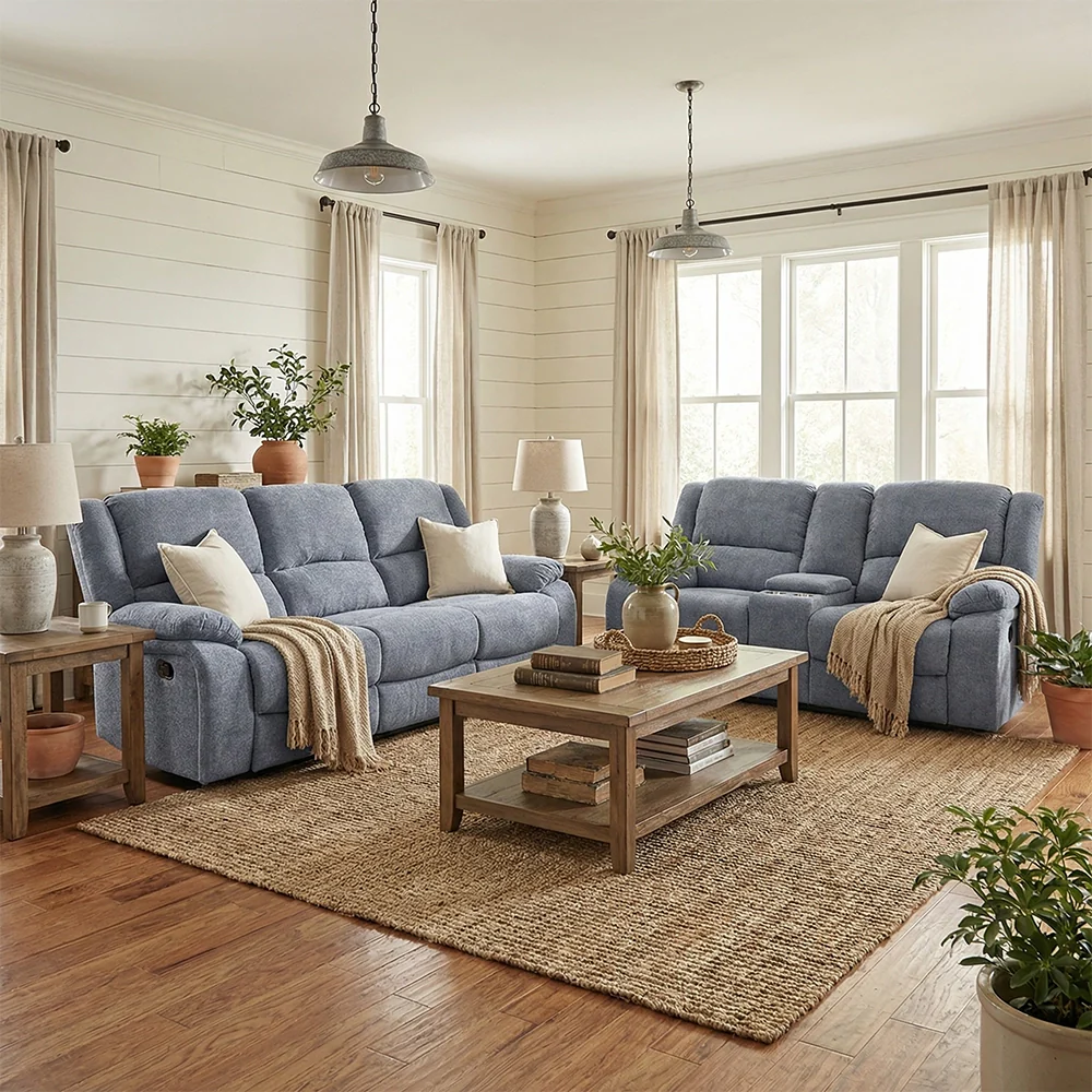 Spencer Cadel Blue Reclining Sofa and Loveseat Set with Cupholders