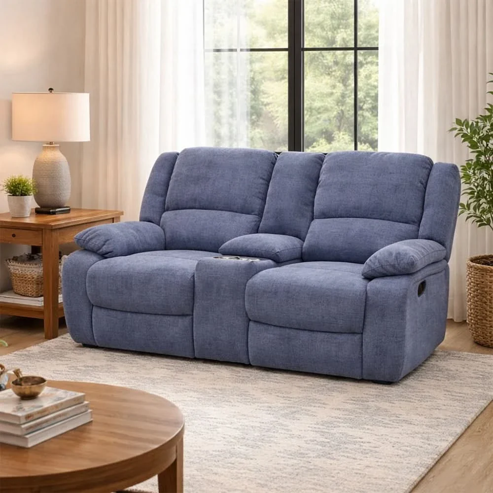 Spencer Cadel Blue Reclining Sofa and Loveseat Set with Cupholders - Image 5