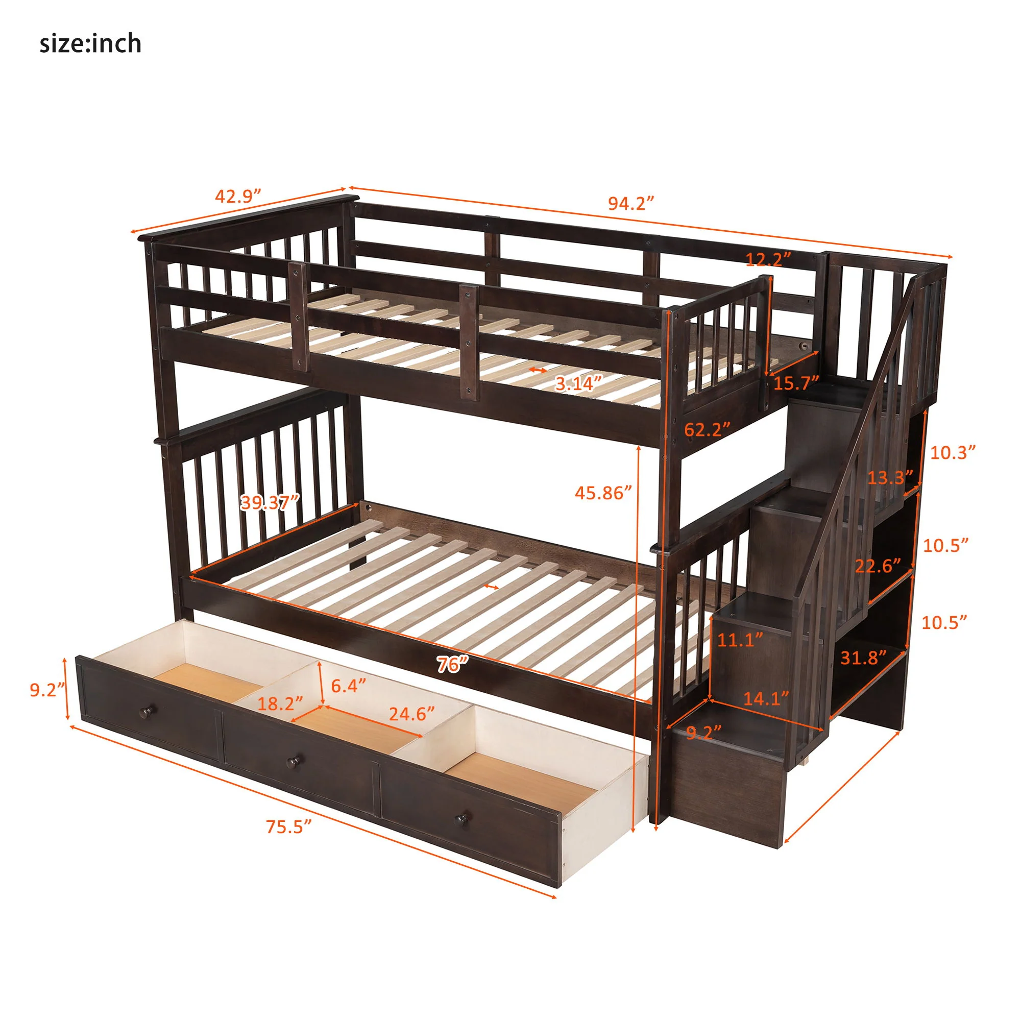 Stairway Bunk Bed With Storage And Guard Rail For Bedroom - Image 20