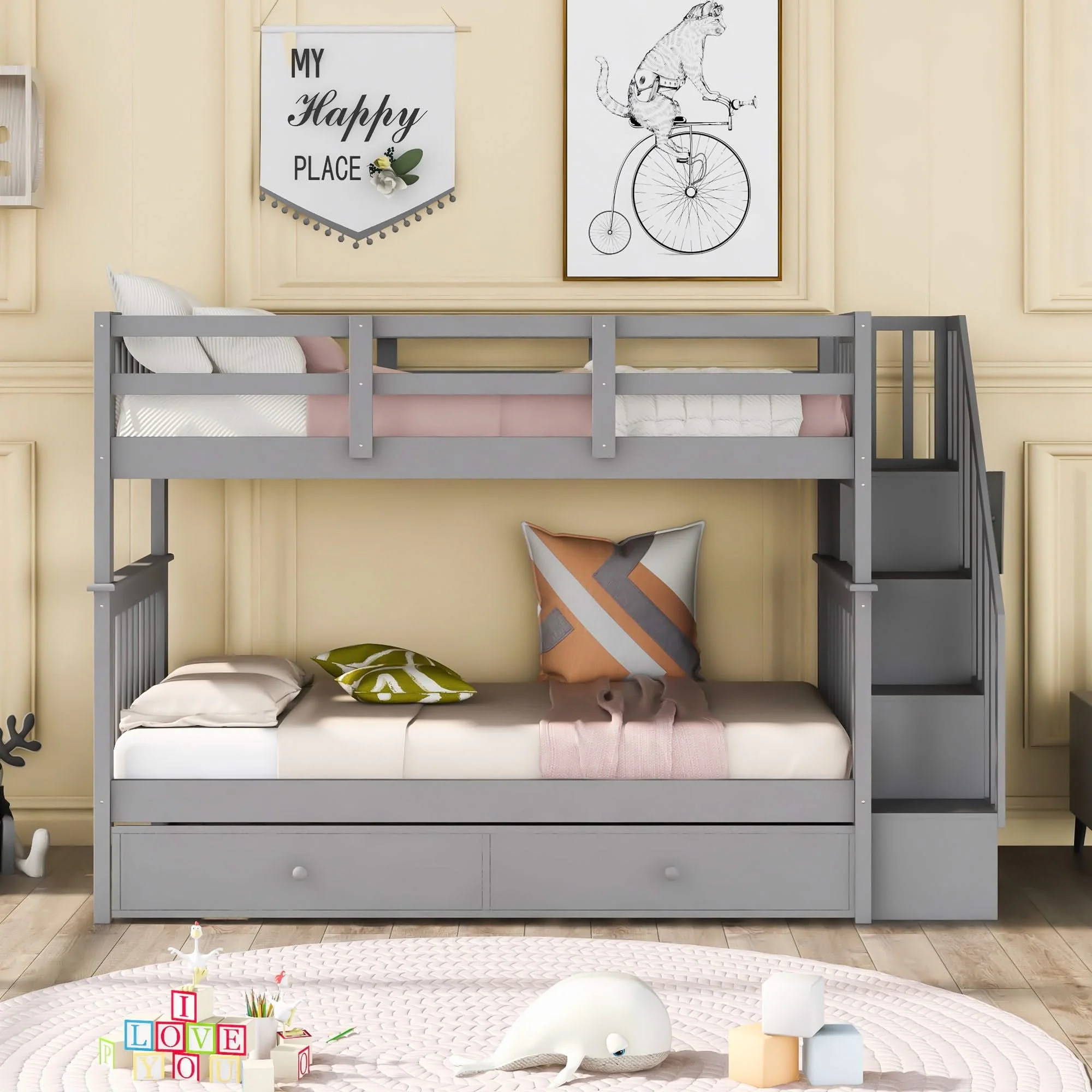 Stairway Bunk Bed With Storage And Guard Rail For Bedroom - Image 21