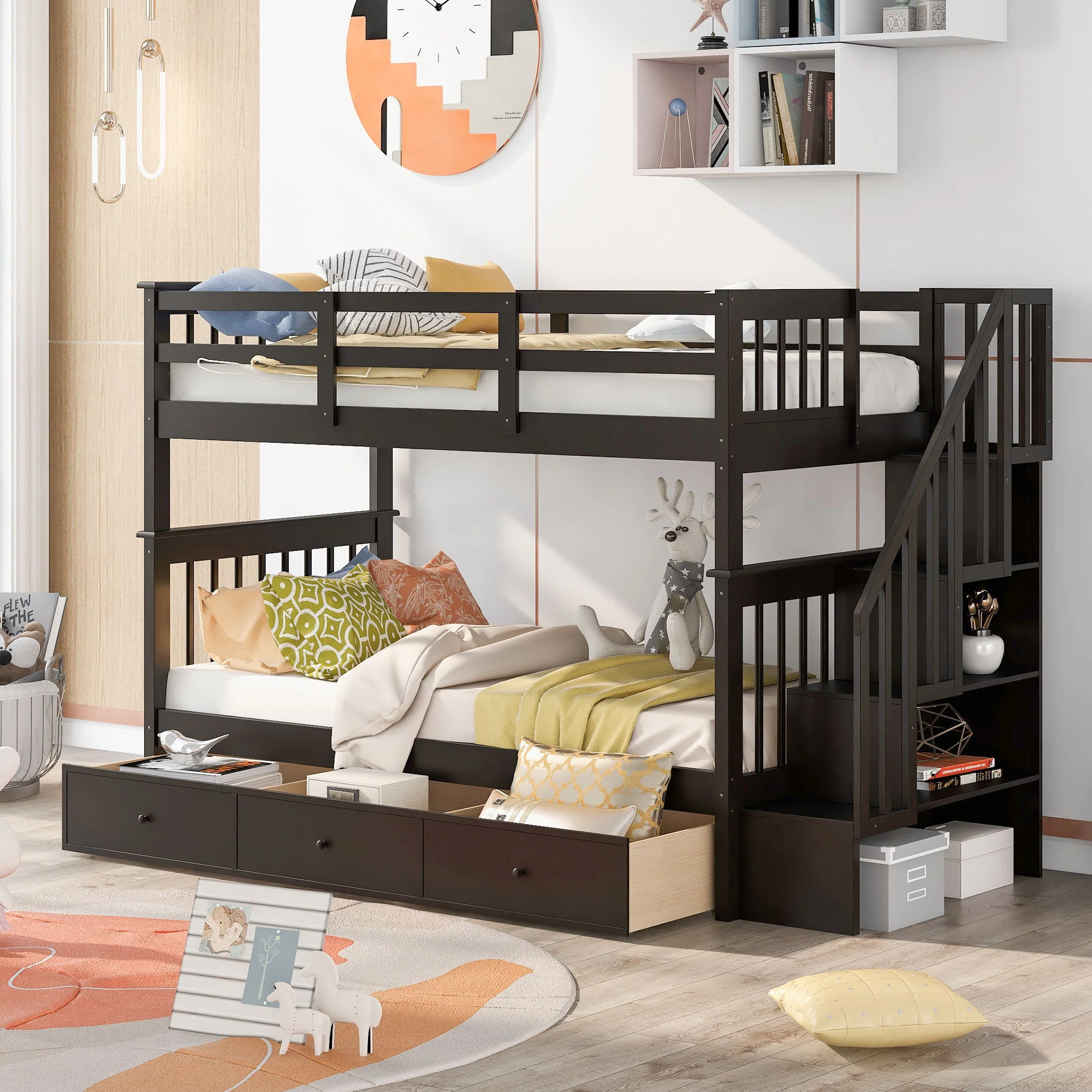 Stairway Bunk Bed With Storage And Guard Rail For Bedroom - Image 23
