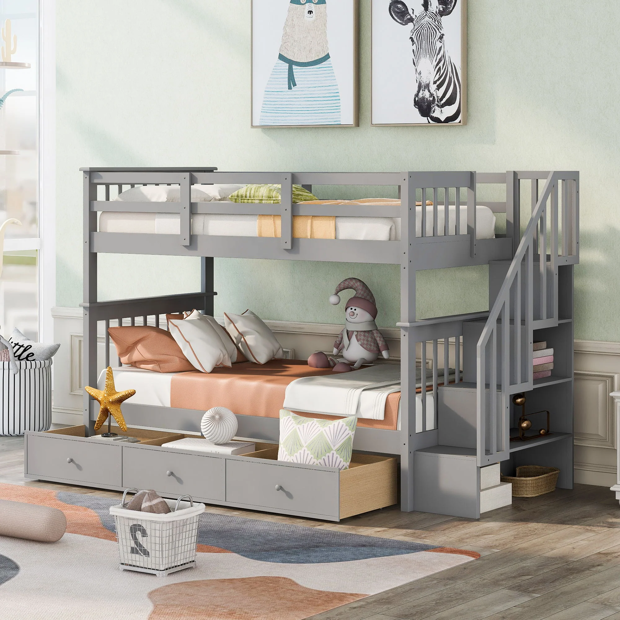 Stairway Bunk Bed With Storage And Guard Rail For Bedroom - Image 25