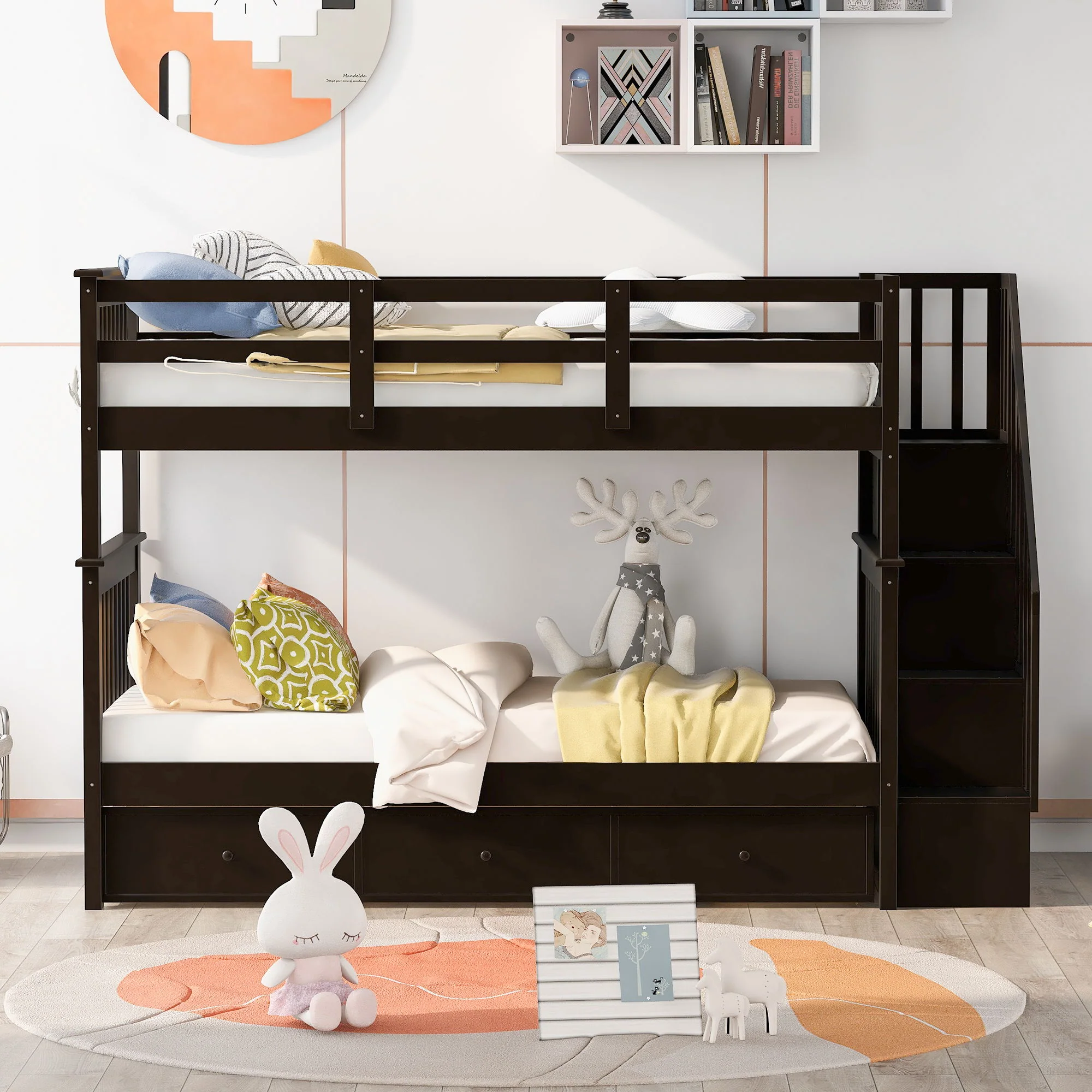 Stairway Bunk Bed With Storage And Guard Rail For Bedroom - Image 28