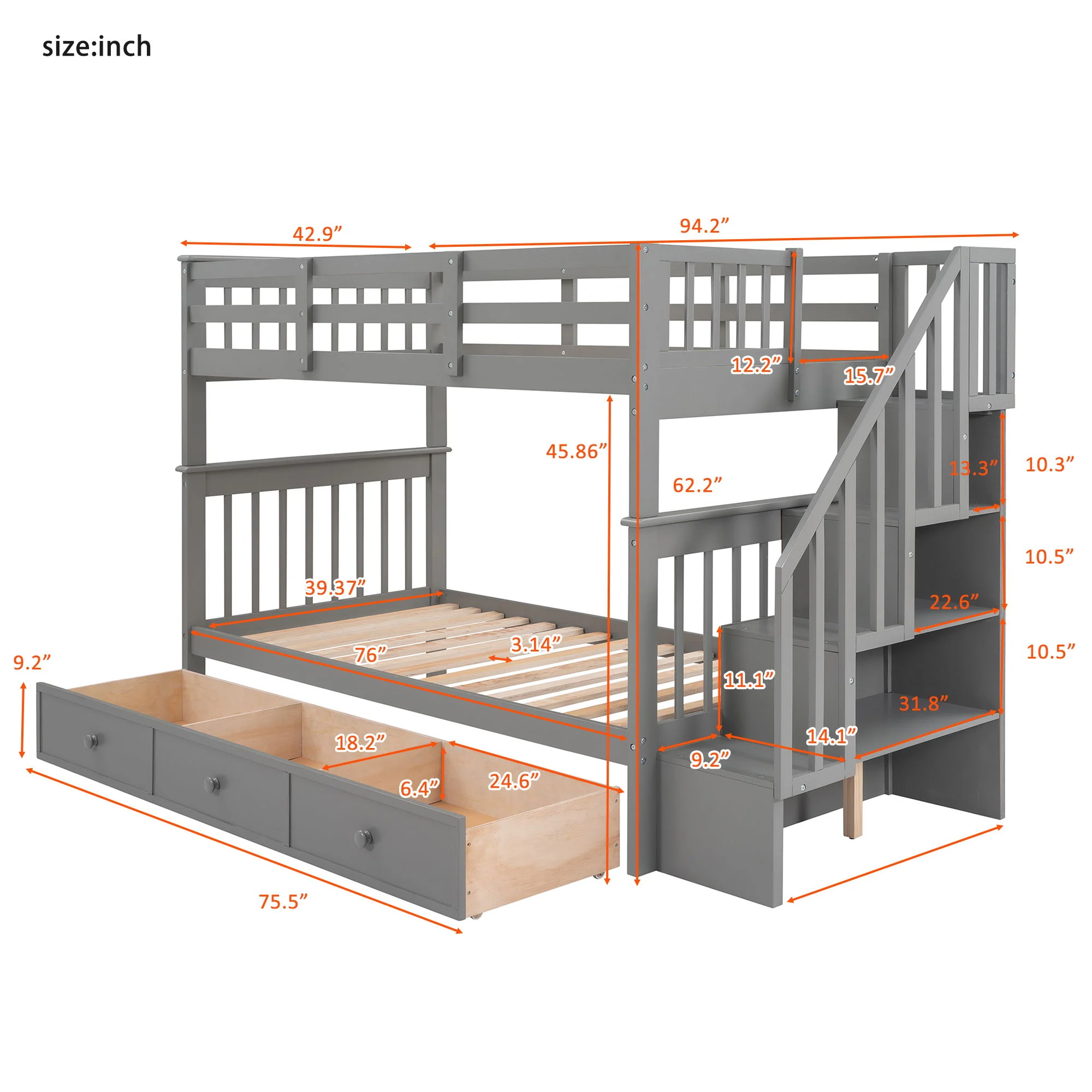 Stairway Bunk Bed With Storage And Guard Rail For Bedroom - Image 30