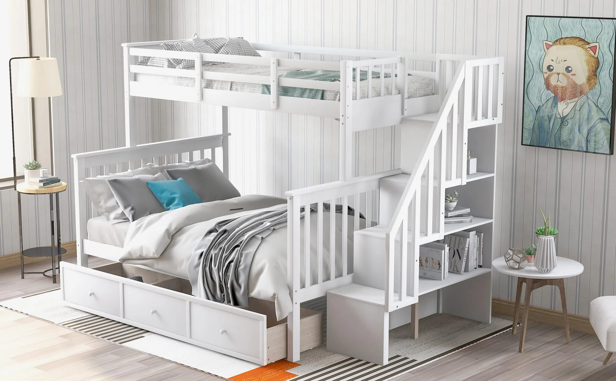 Stairway Bunk Bed With Storage And Guard Rail For Bedroom - Image 35