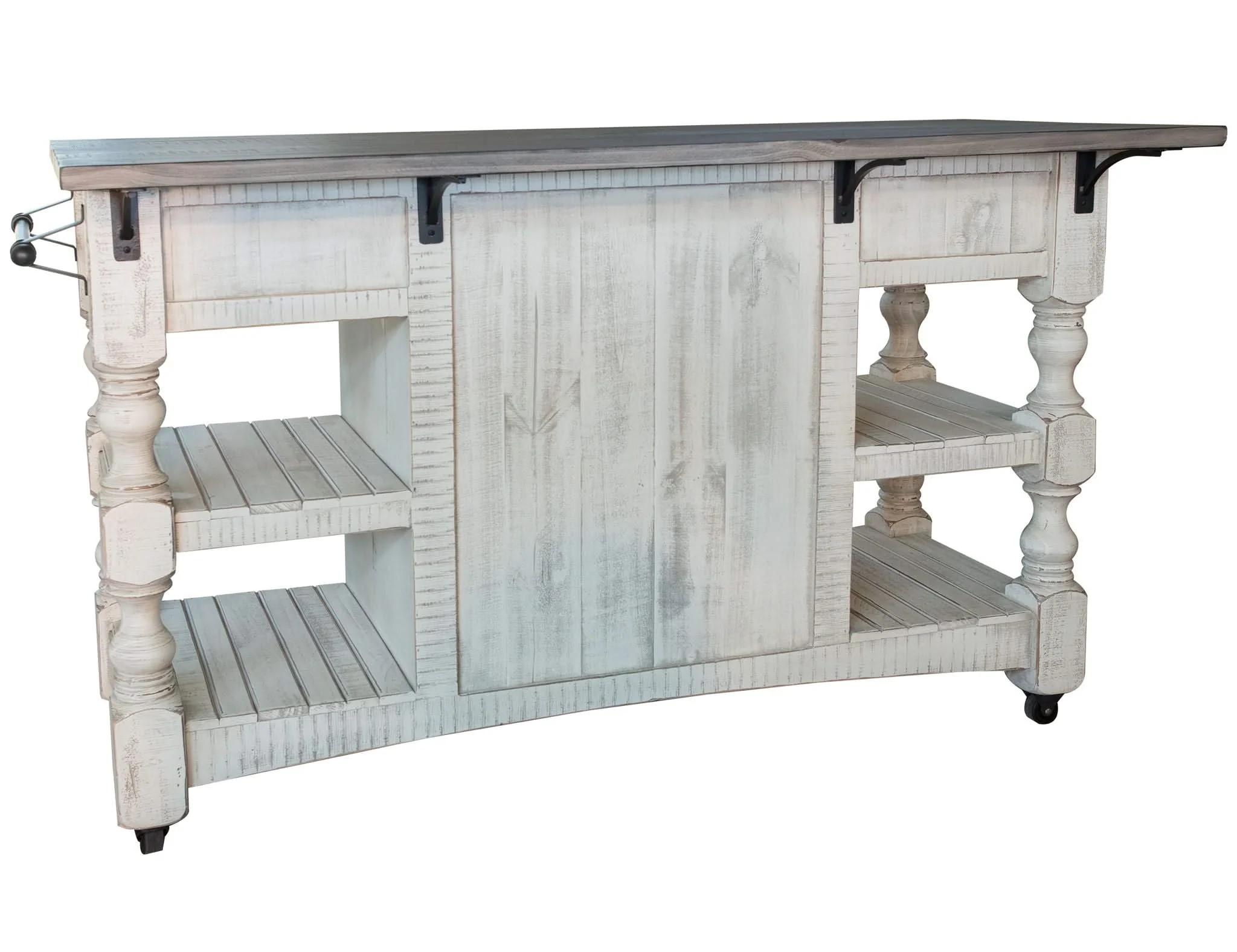 Stone - Kitchen Island With 3 Drawer / 2 Doors / 4 Shelves And Casters - Antiqued Ivory / Weathered Gray - Image 3
