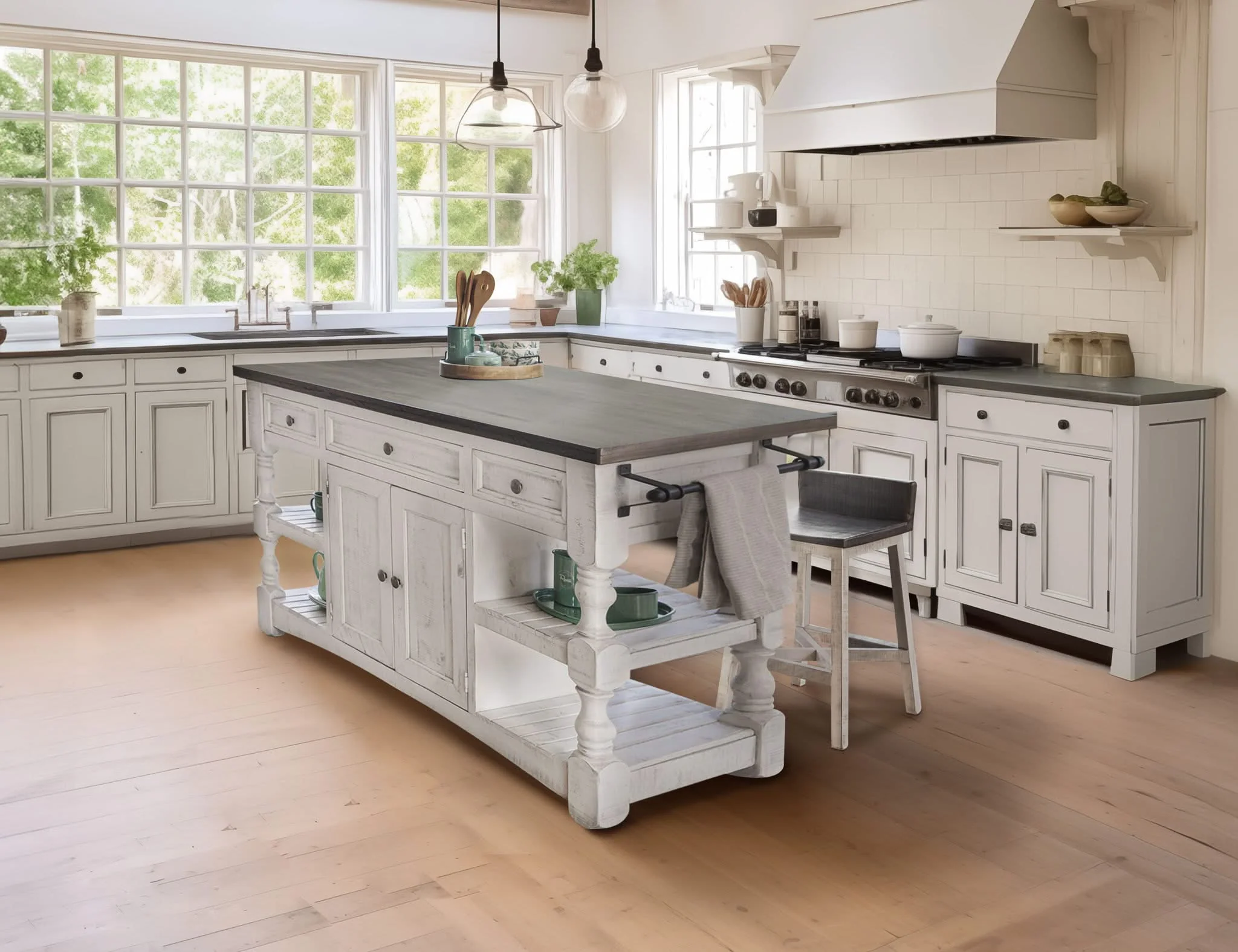 Stone - Kitchen Island With 3 Drawer / 2 Doors / 4 Shelves And Casters - Antiqued Ivory / Weathered Gray - Image 4