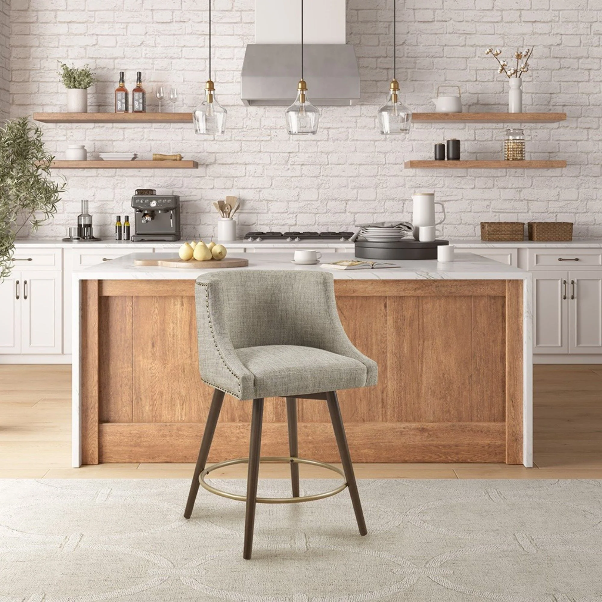 Swivel Counter Stool With Antique Bronze Detailing - Beige Multi - Image 4