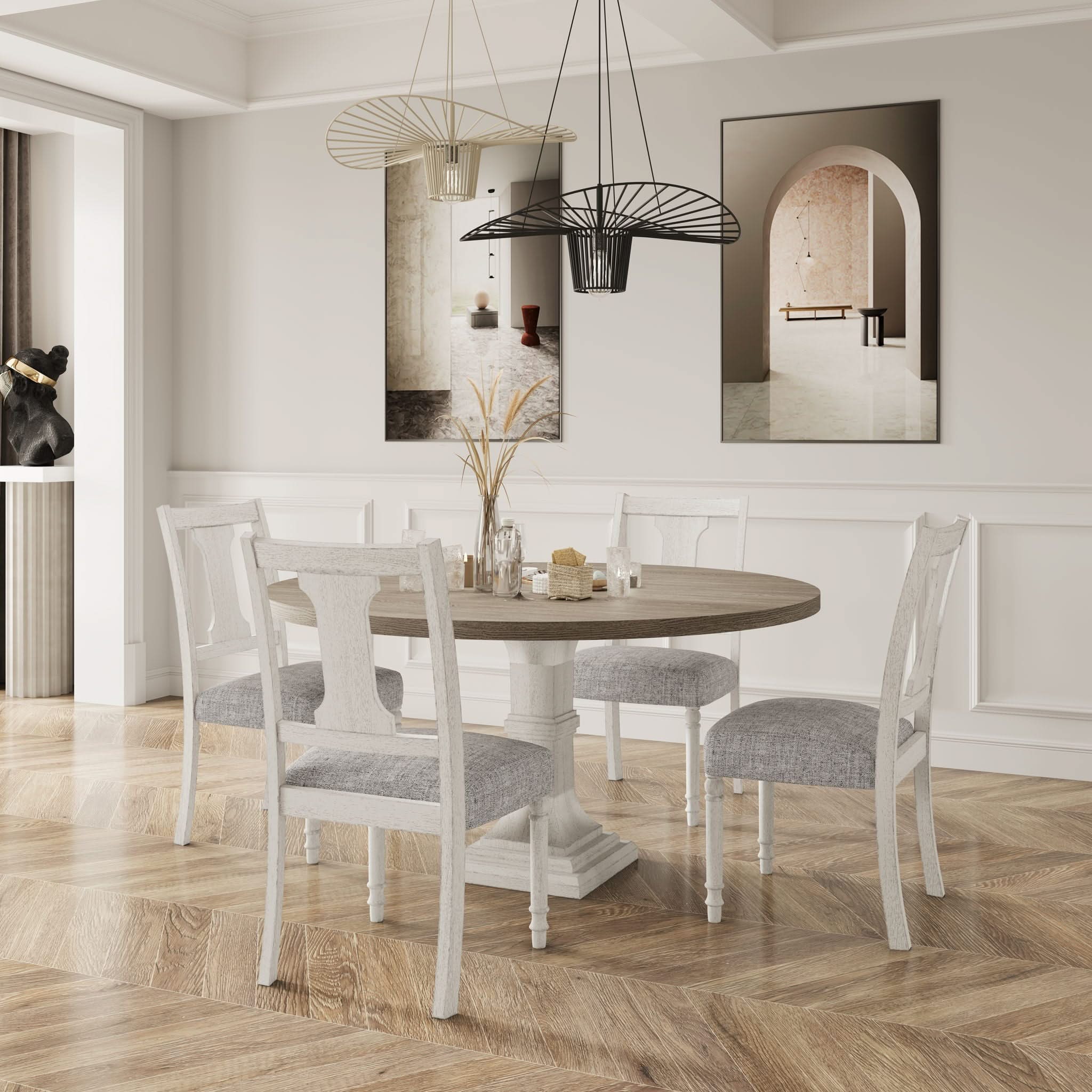 Tannen - Round 5 Piece Dining Table (Set of 5) - White And Gray - Image 4
