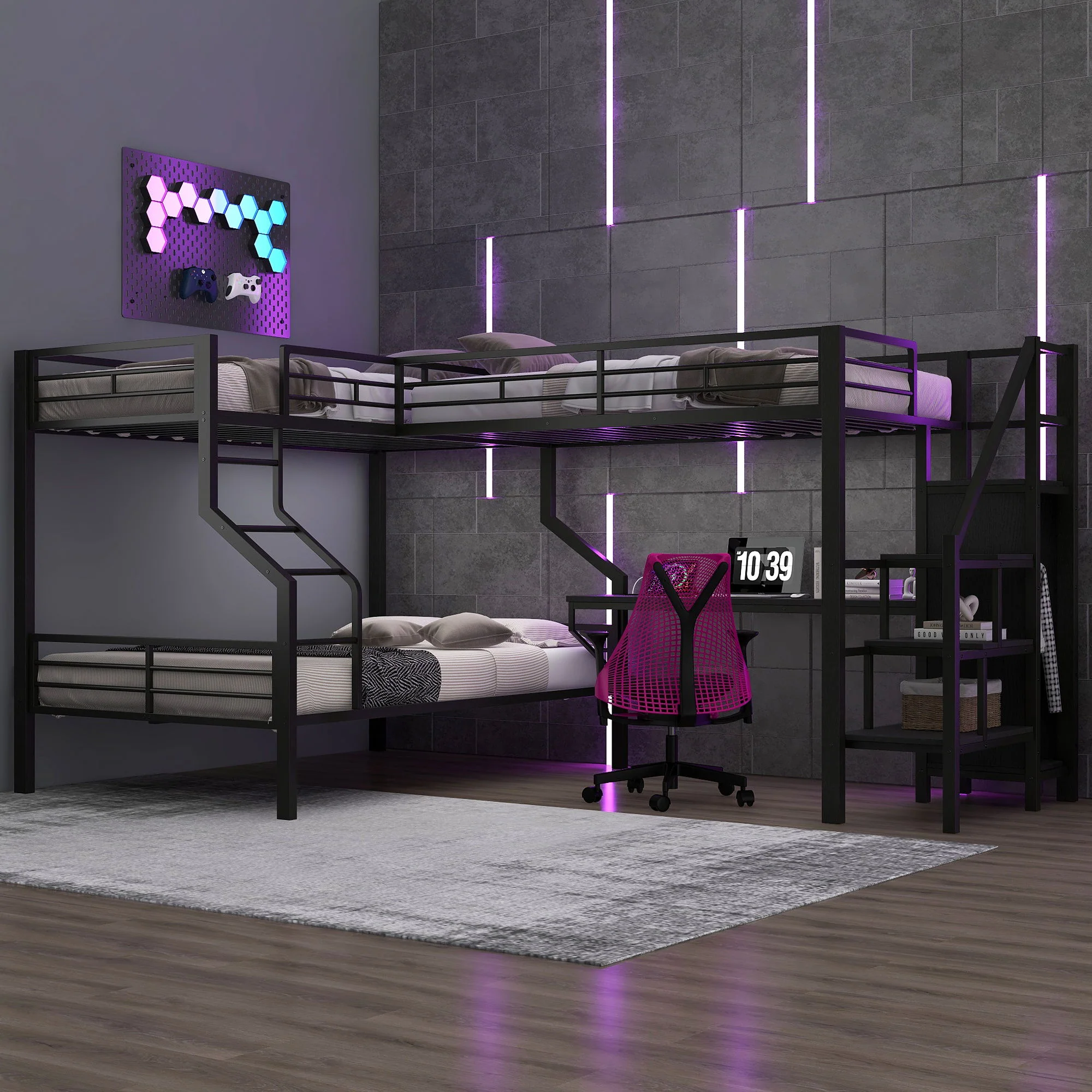 Twin Over Full L Shaped Bunk & Loft Bed With Built-In Wardrobe, Desk, And USB Ports - Black - Image 2
