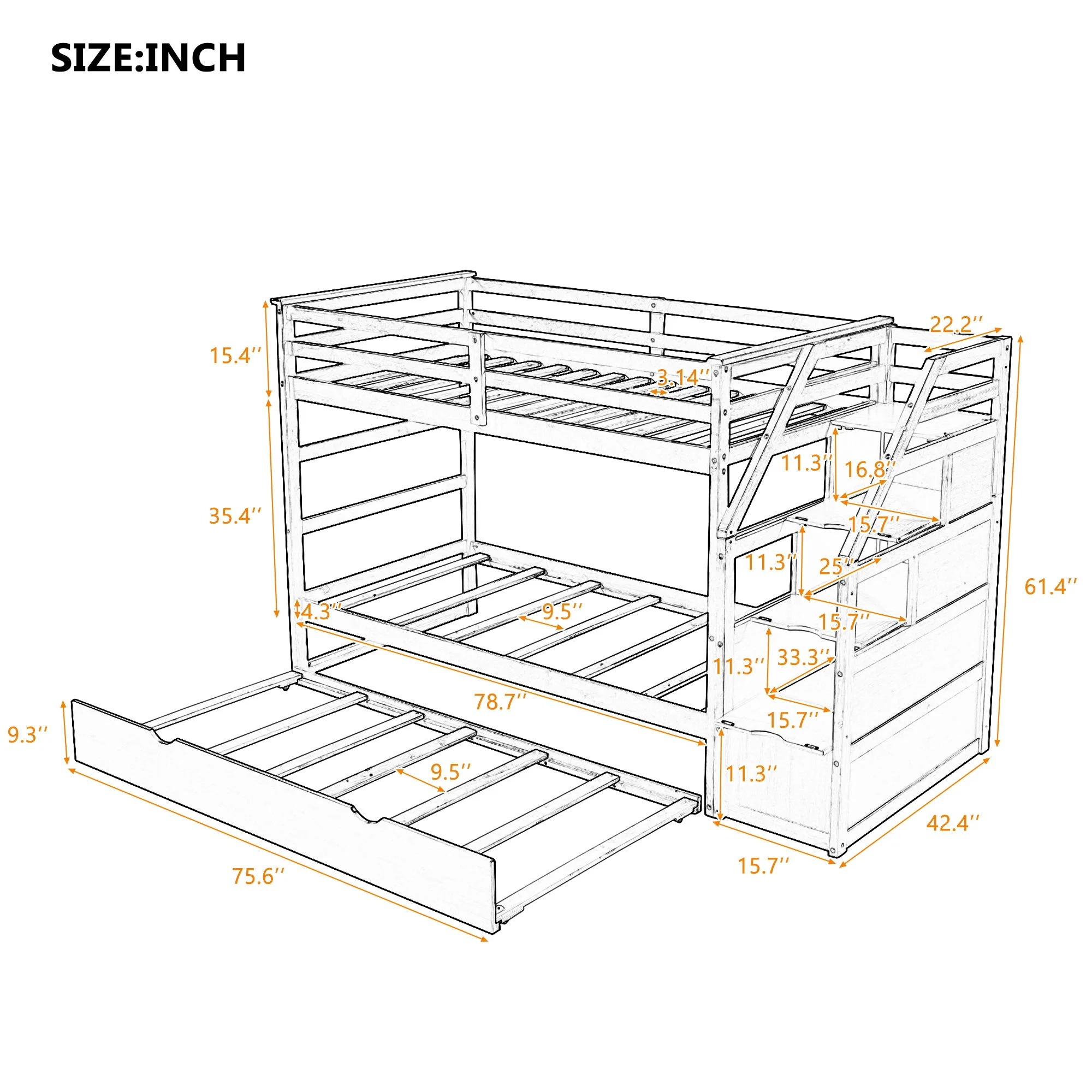 Twin Over Twin Bunk Bed With Twin Size Trundle And 3 Storage Stairs - Espresso - Image 3