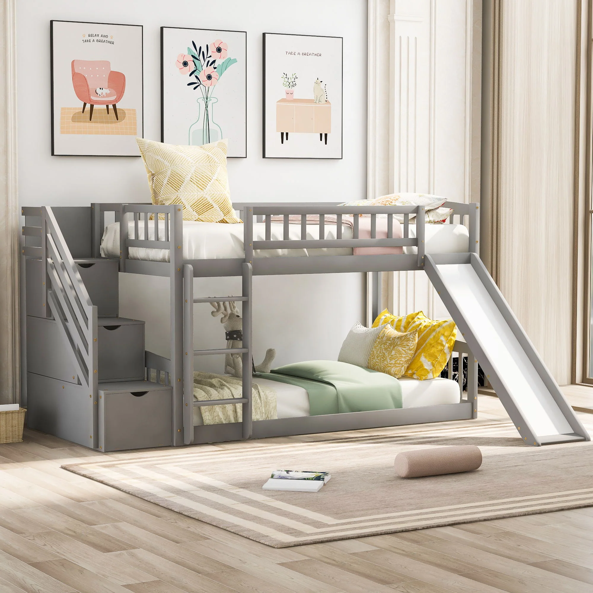Twin Over Twin Bunk Stairway Bed With 2 Drawers And Slide - Gray - Image 4