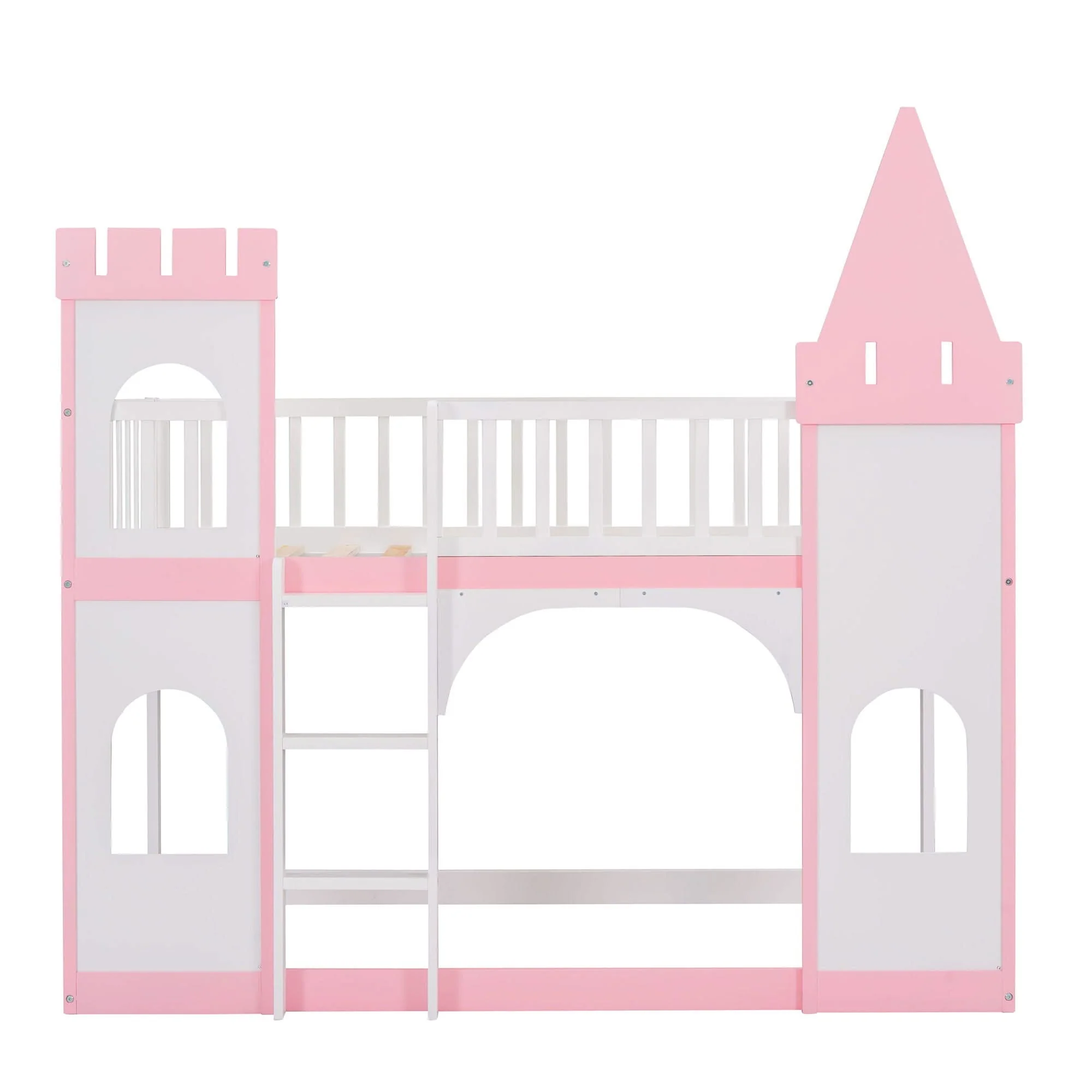 Twin Over Twin Castle Bunk Bed With Ladder - Pink - Image 4