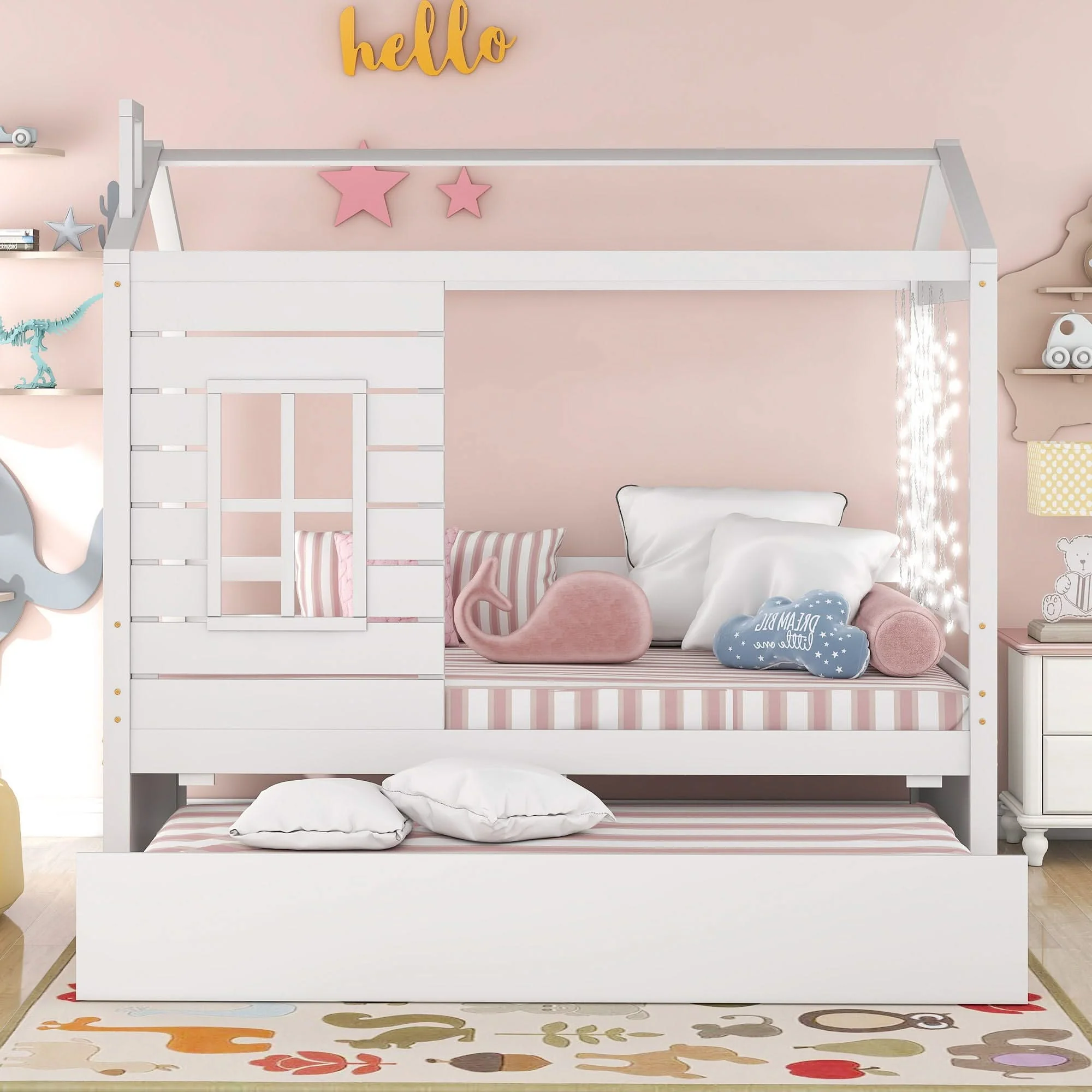 Twin Size Classic House Bed With Twin Size Trundle - White - Image 2
