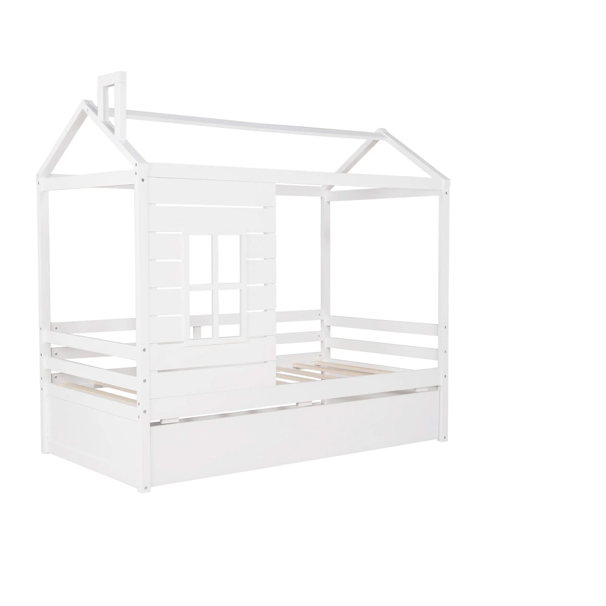 Twin Size Classic House Bed With Twin Size Trundle - White - Image 3
