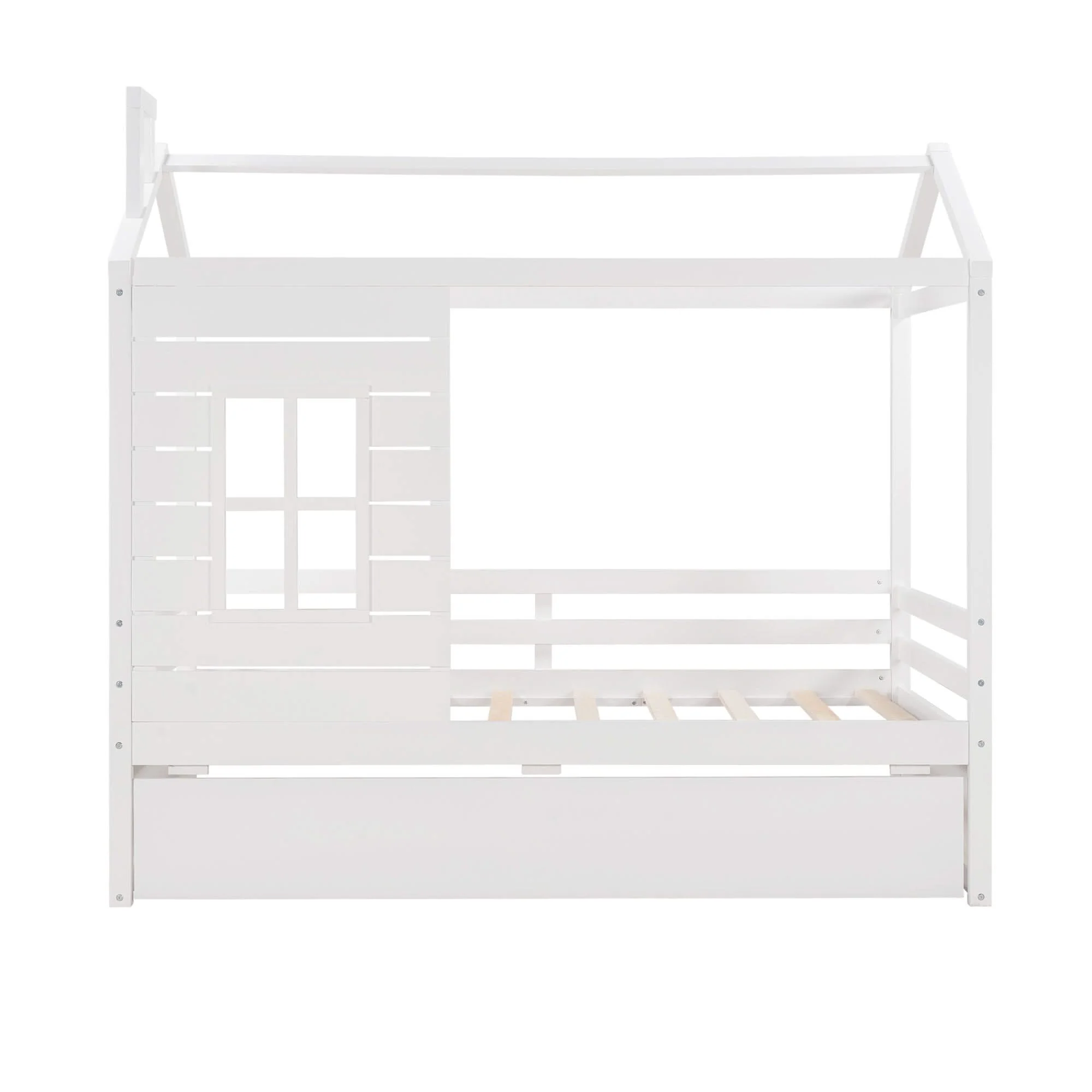 Twin Size Classic House Bed With Twin Size Trundle - White - Image 4