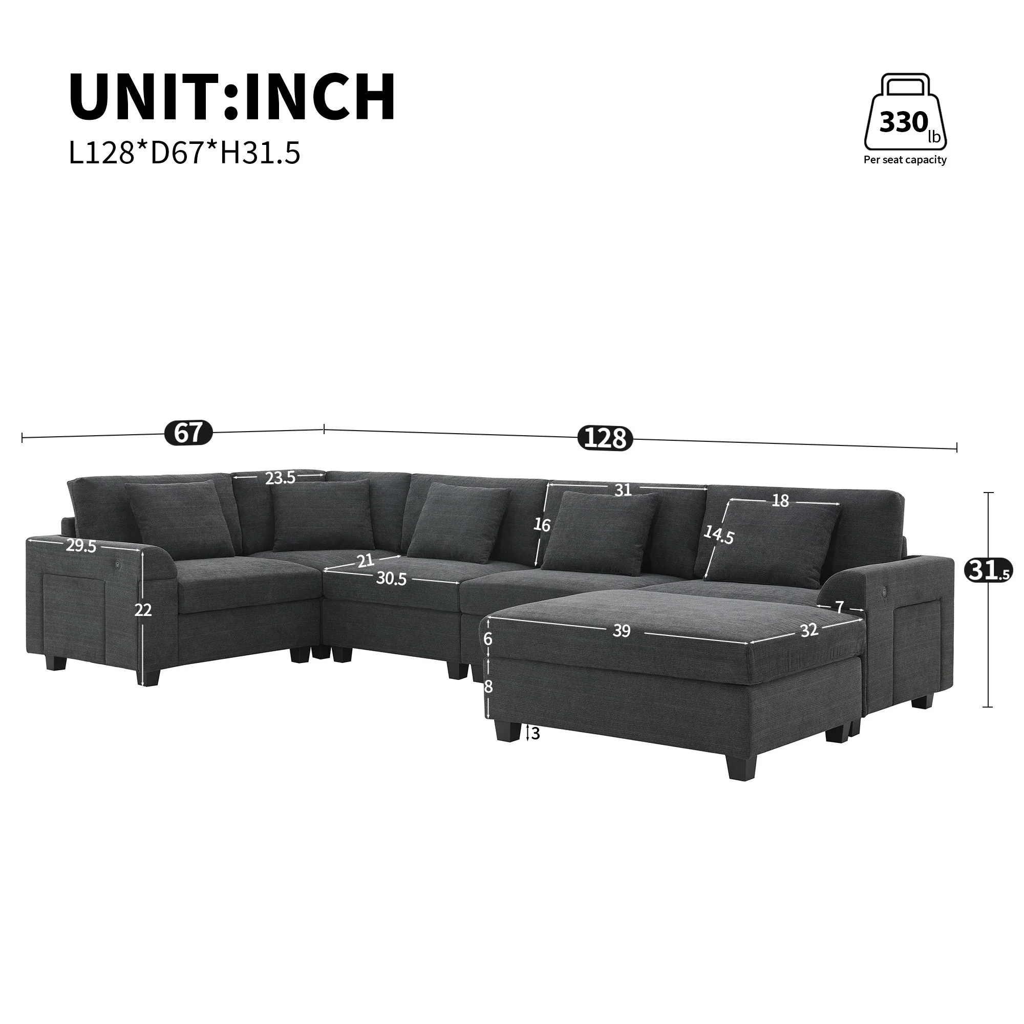 U Shaped Sectional Sofa 6 Seat Couch Set With Oversized Ottoman, Hidden Armrest Storage And Cup Holders USB Charging Ports Wide Seat Sofa - Image 3