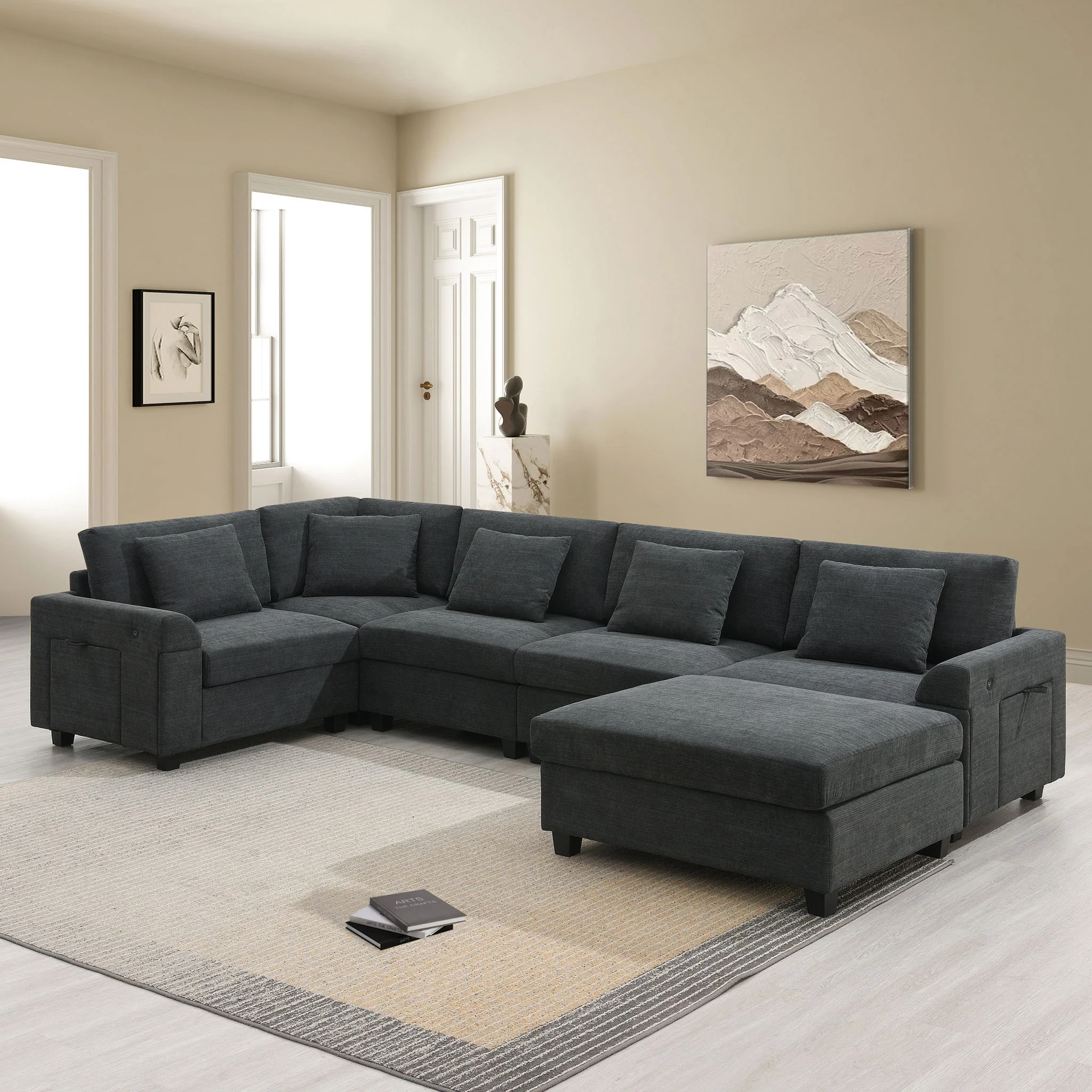 U Shaped Sectional Sofa 6 Seat Couch Set With Oversized Ottoman, Hidden Armrest Storage And Cup Holders USB Charging Ports Wide Seat Sofa - Image 5