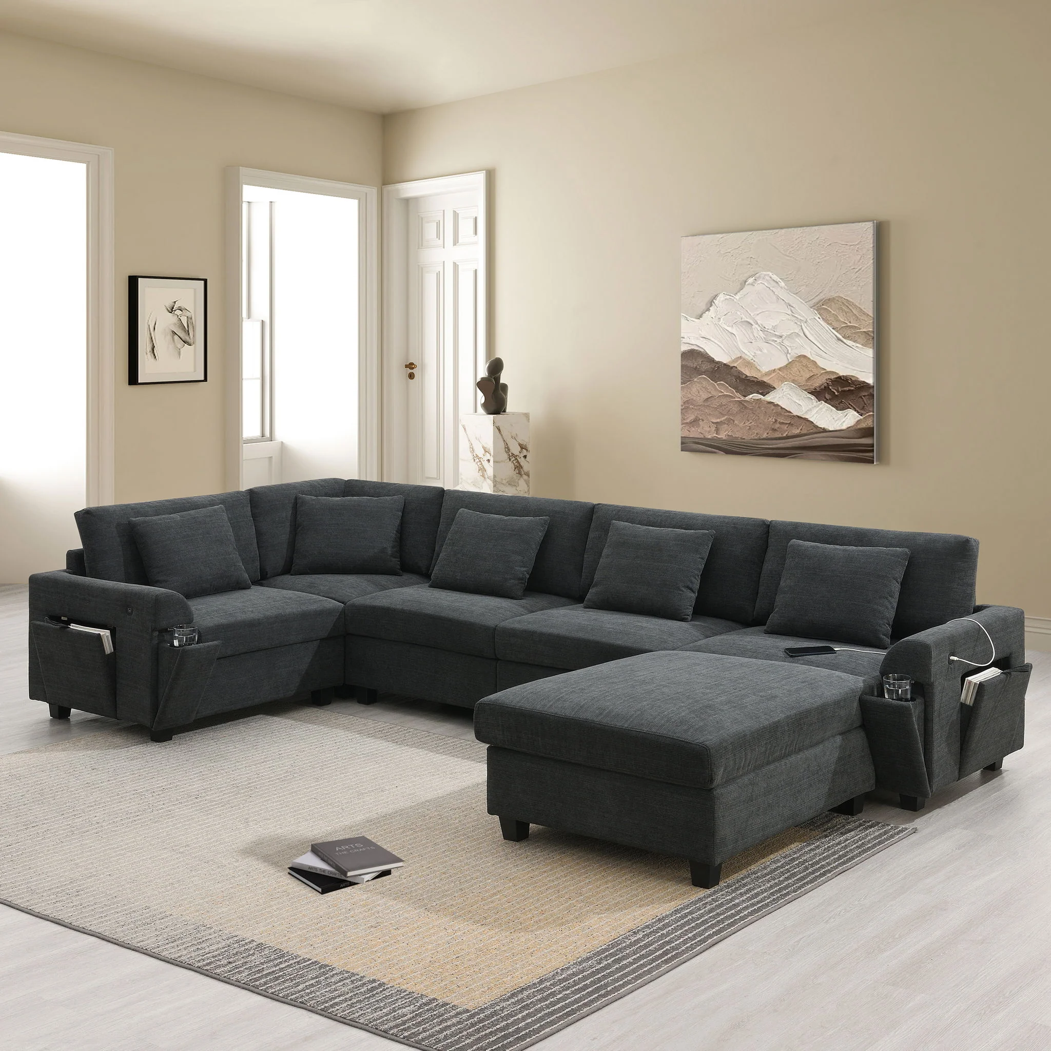 U Shaped Sectional Sofa 6 Seat Couch Set With Oversized Ottoman, Hidden Armrest Storage And Cup Holders USB Charging Ports Wide Seat Sofa - Image 7