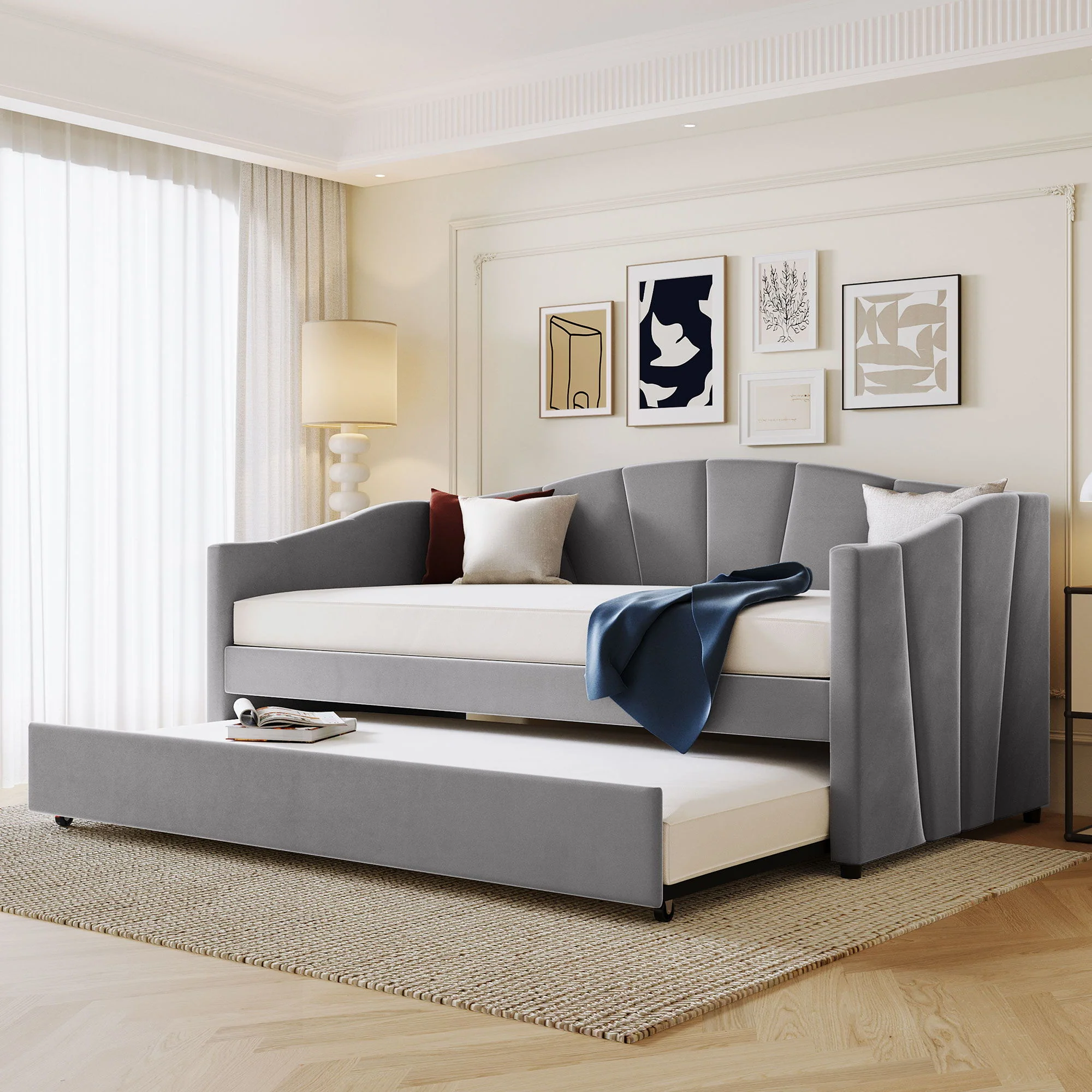 Upholstered Daybed Sofa Bed With Trundle Bed And Wood Slat - Image 2