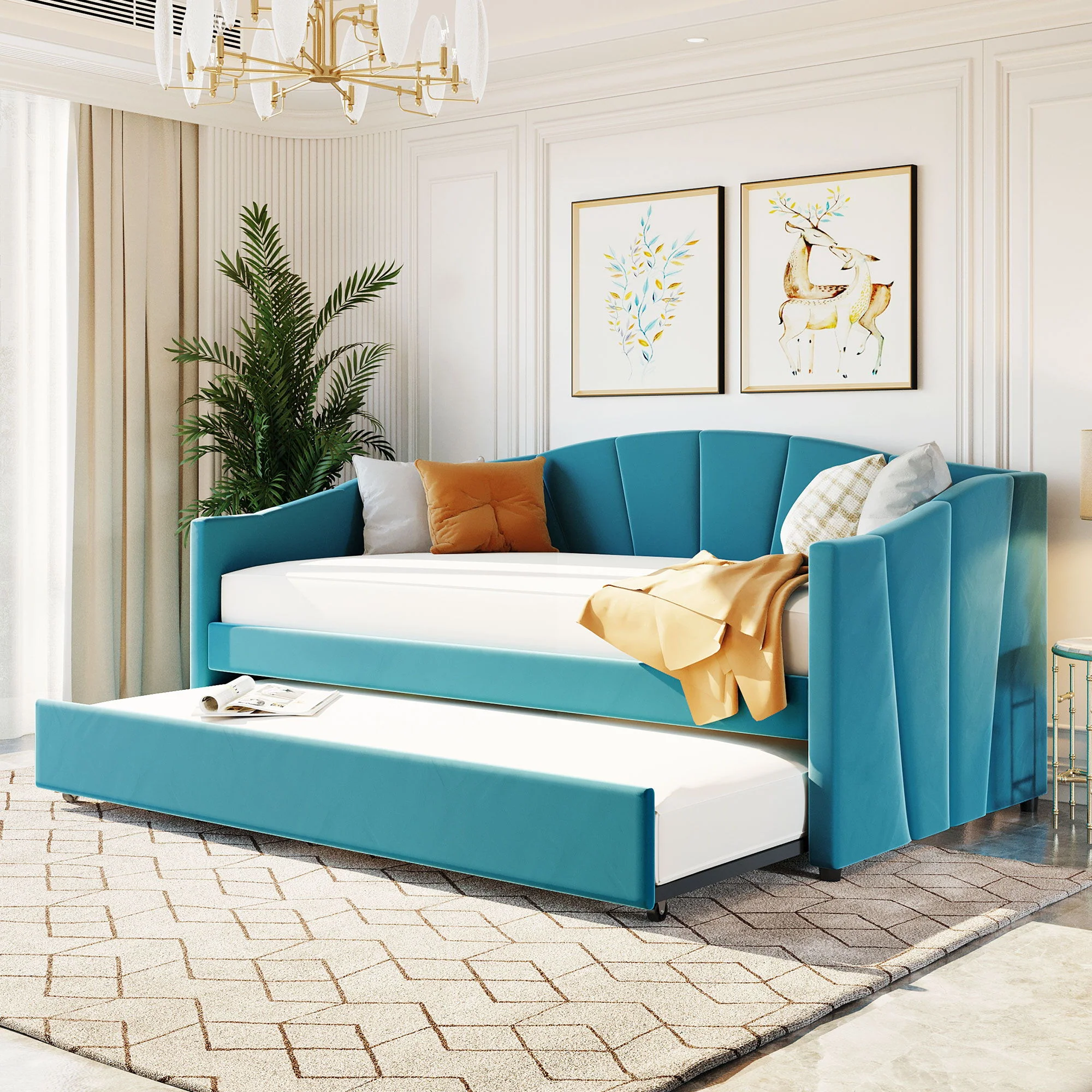 Upholstered Daybed Sofa Bed With Trundle Bed And Wood Slat - Image 3